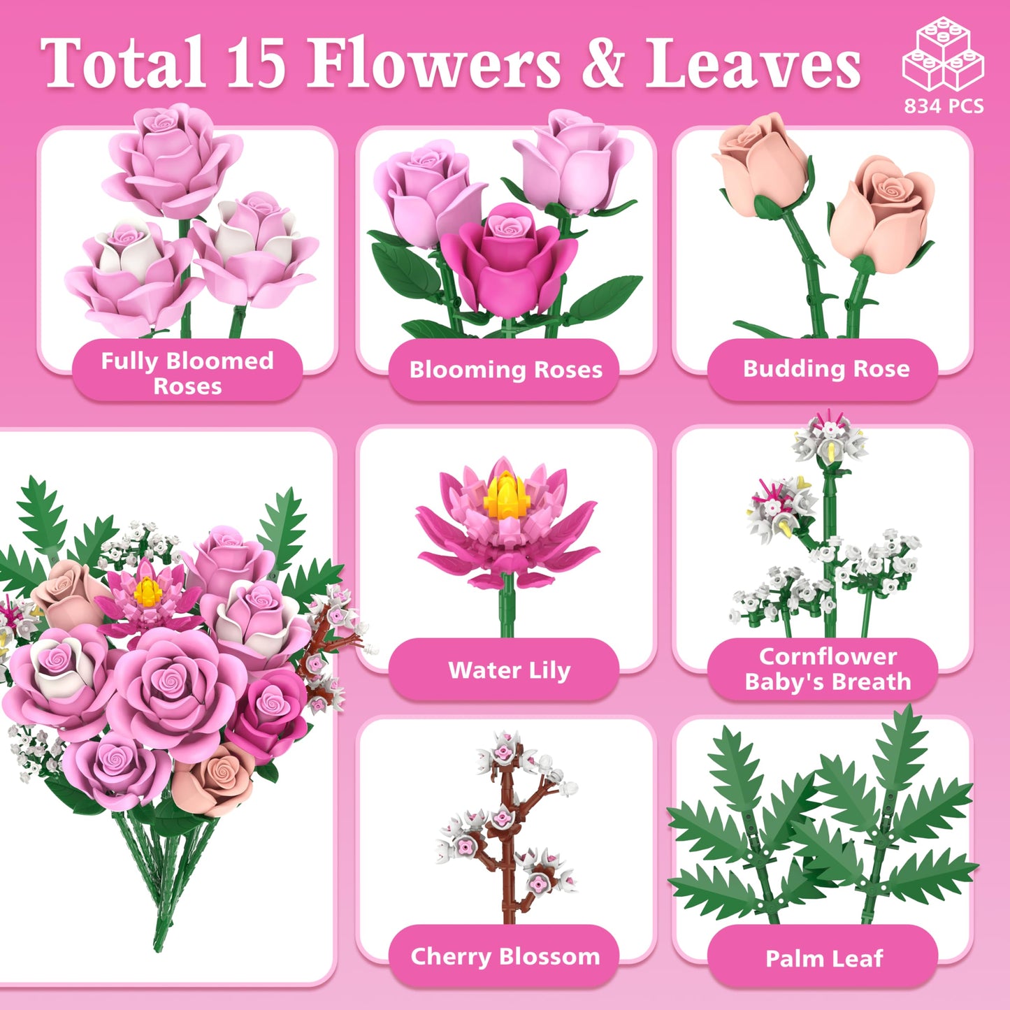 Sopu Pink Rose Bouquet Building Set – 834 Pcs, Lego-Compatible Floral Kit for Adults
