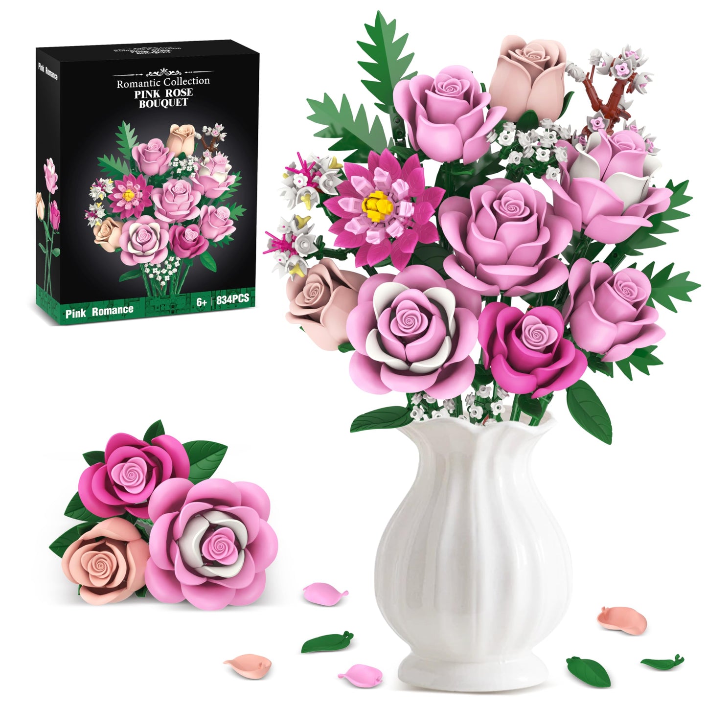 Sopu Pink Rose Bouquet Building Set – 834 Pcs, Lego-Compatible Floral Kit for Adults