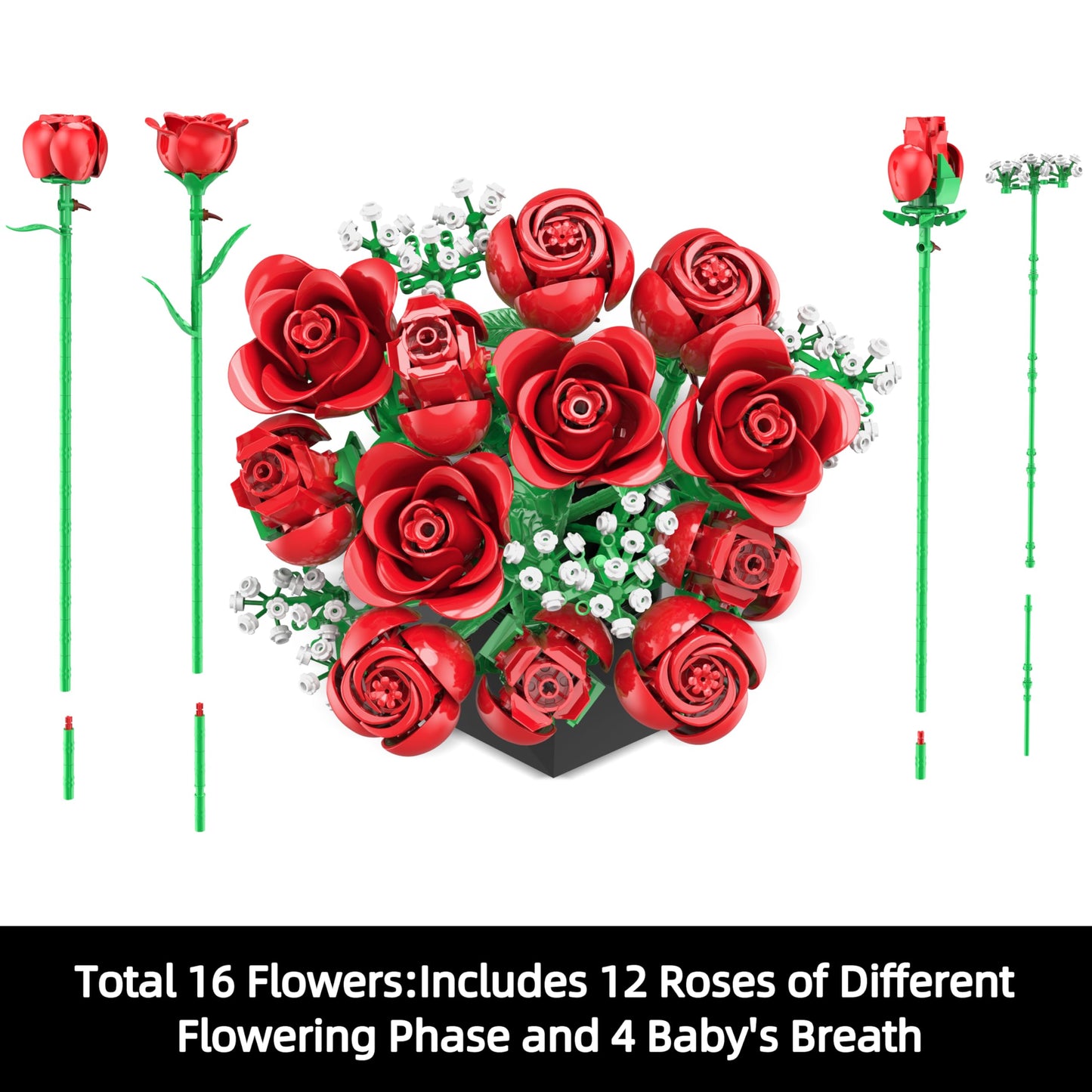 Sopu Red Rose Bouquet Building Set – 960 PCS Artificial Roses for Creative Decor & Valentines Gifts