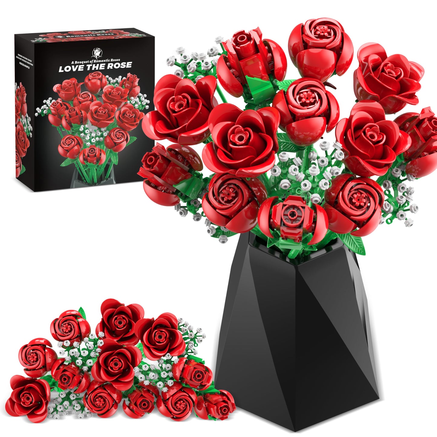 Sopu Red Rose Bouquet Building Set – 960 PCS Artificial Roses for Creative Decor & Valentines Gifts