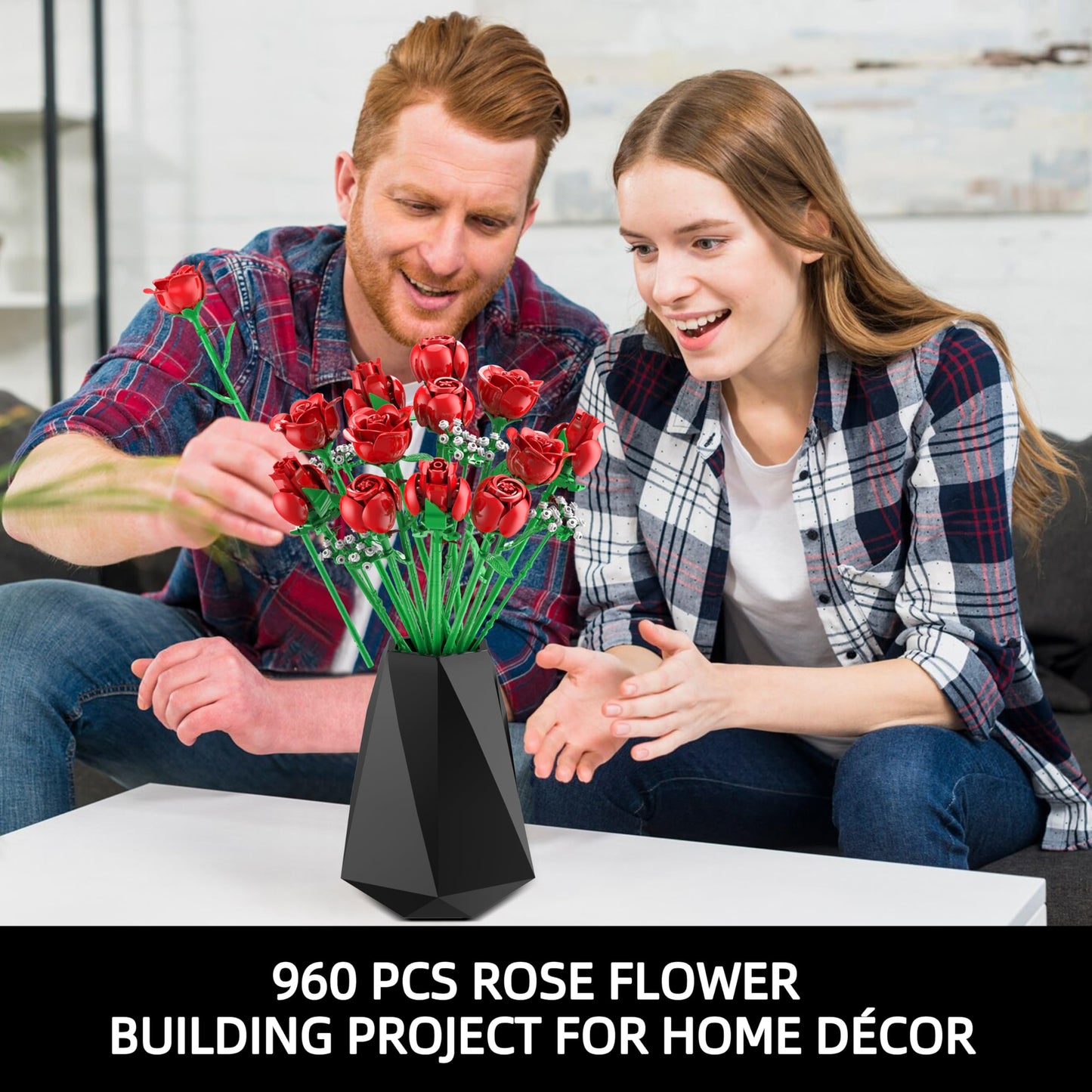 Sopu Red Rose Bouquet Building Set – 960 PCS Artificial Roses for Creative Decor & Valentines Gifts
