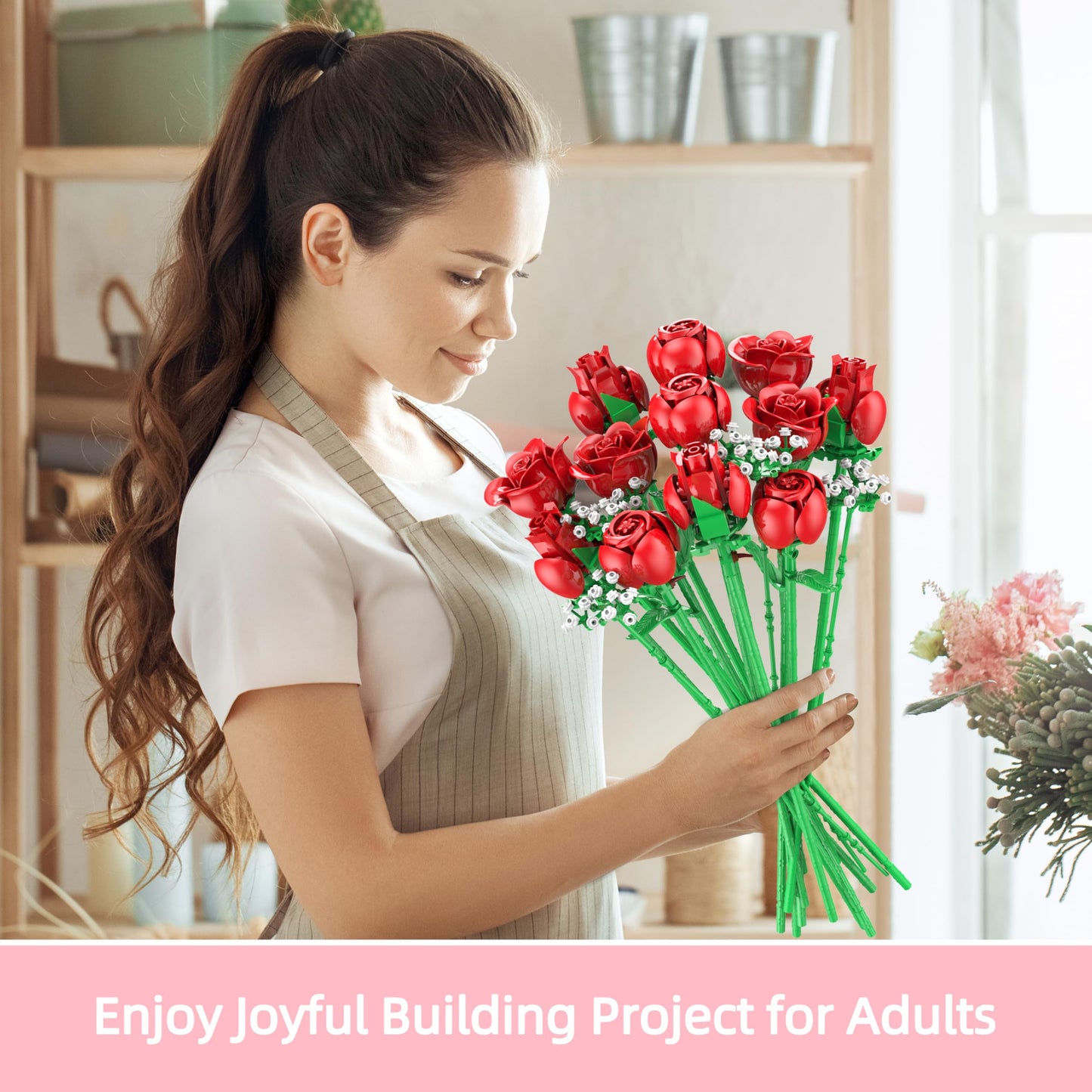 Sopu Red Rose Bouquet Building Set – 960 PCS Artificial Roses for Creative Decor & Valentines Gifts