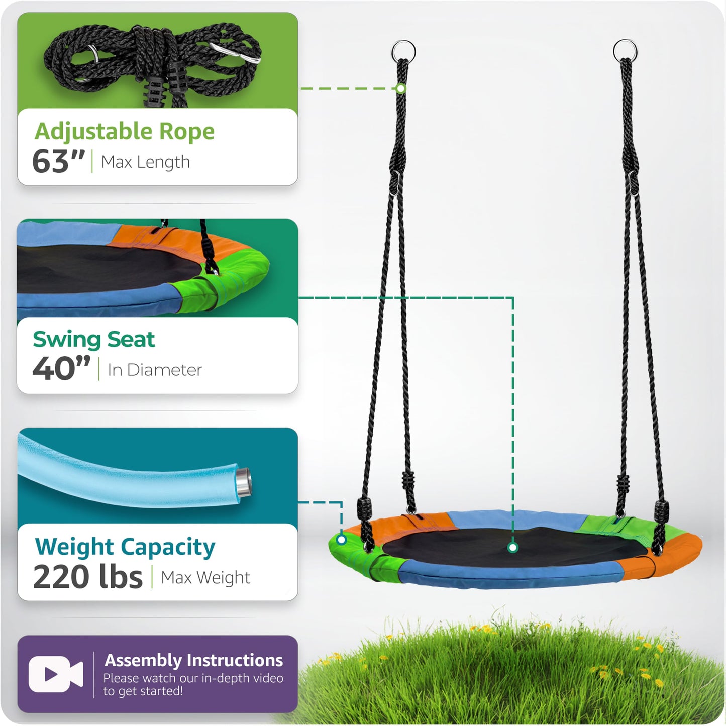 Sorbus 40-inch Saucer Tree Glider – 220 lb Kids Outdoor Swing Seat with Adjustable Ropes