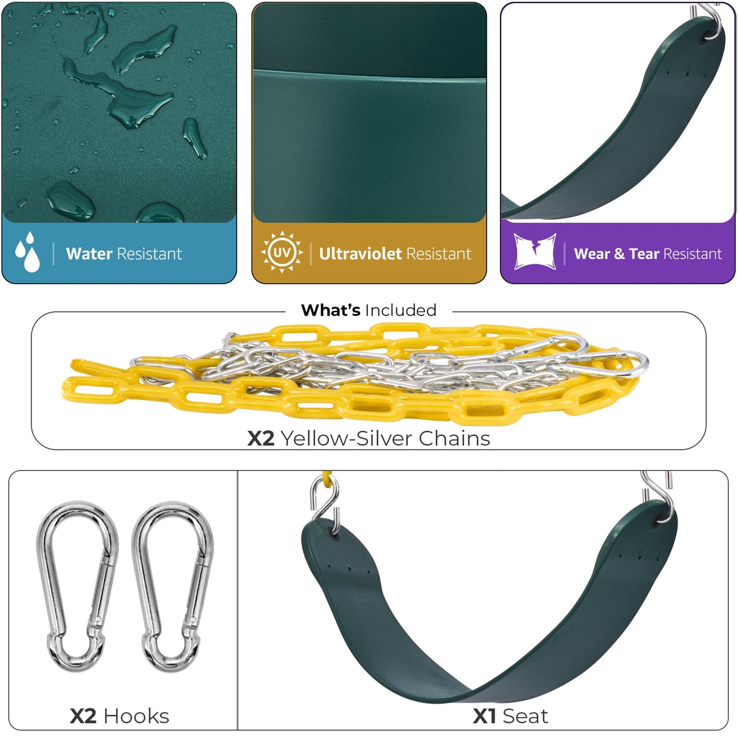 Sorbus Heavy-Duty Green Swing Seat with 66-Inch Rust-Resistant Chain • 250lb Outdoor Kids Swing