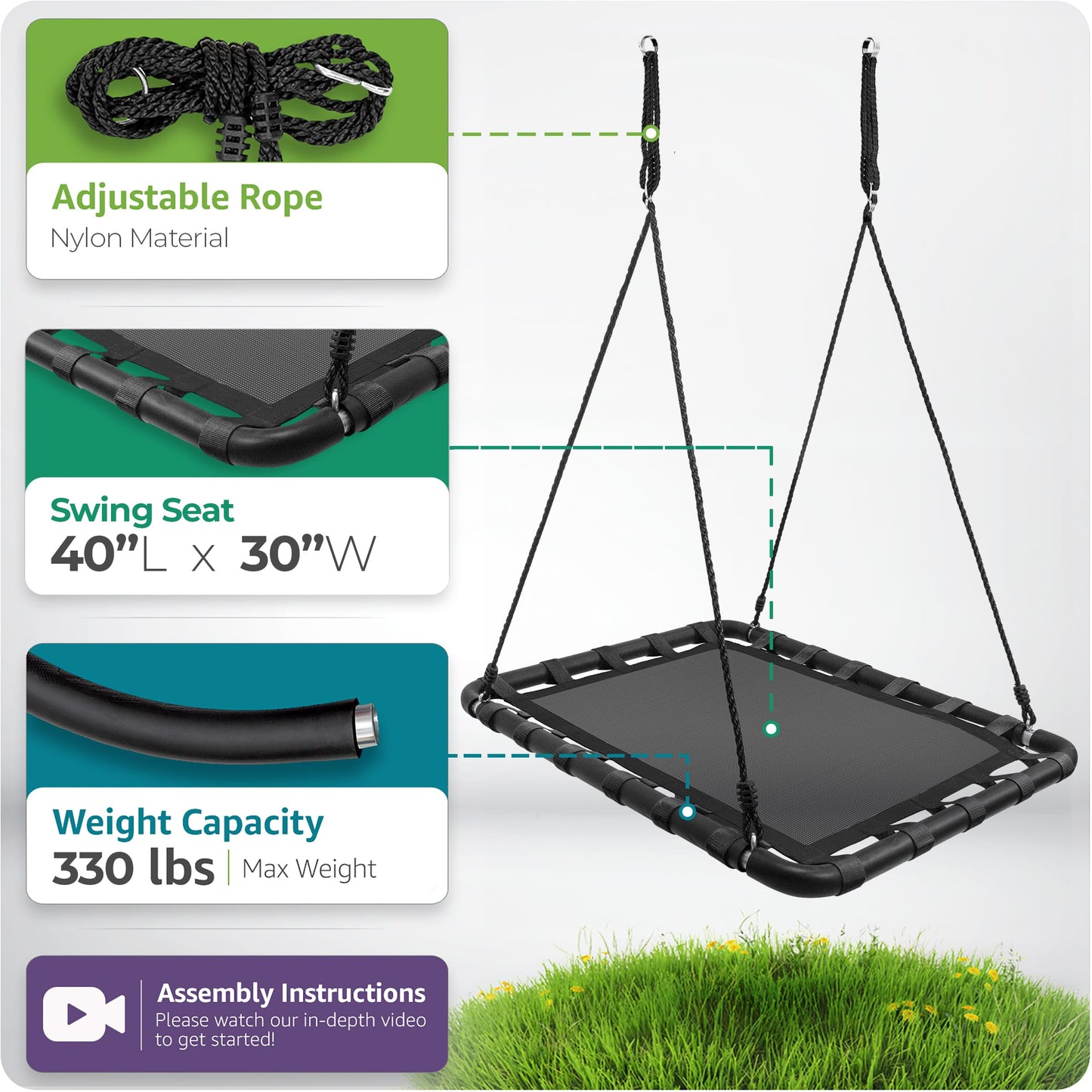 Sorbus Outdoor Platform Swing for Kids — Rectangular Mat Chair (40 x 30, Black)