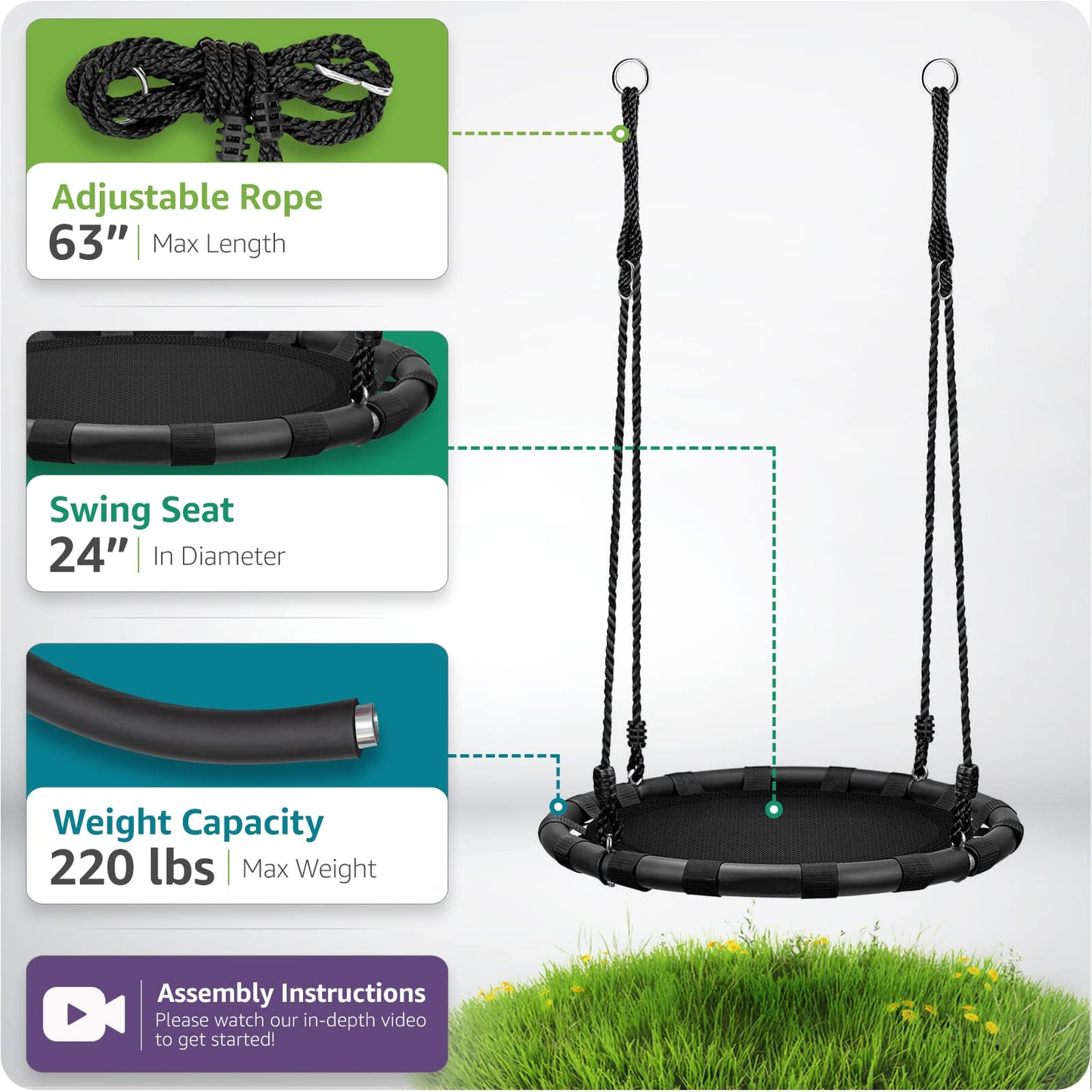 Sorbus Saucer Tree Swing - 24-Inch Outdoor Disc Swing for Kids, 220 lb Capacity, Easy Install