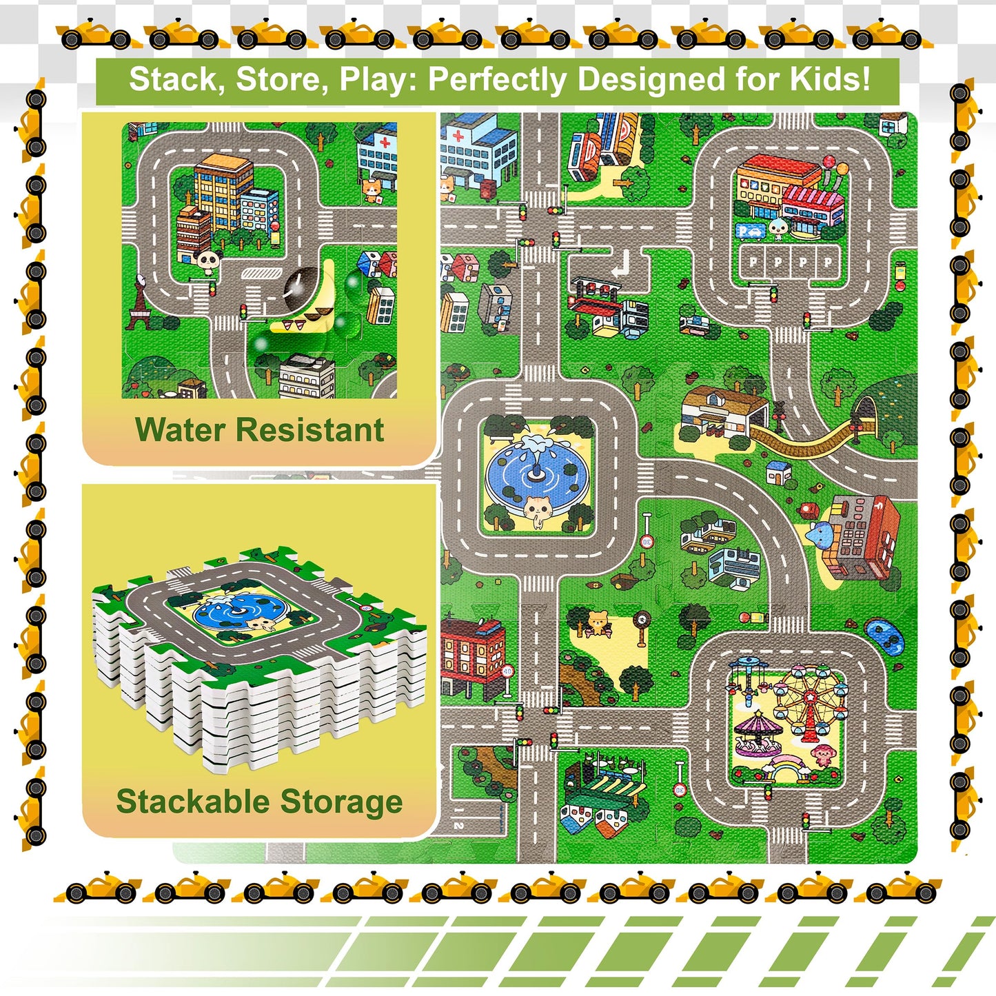 Sorbus Traffic Play Mat – Puzzle Foam Interlocking Tiles (9 Tiles with Borders)
