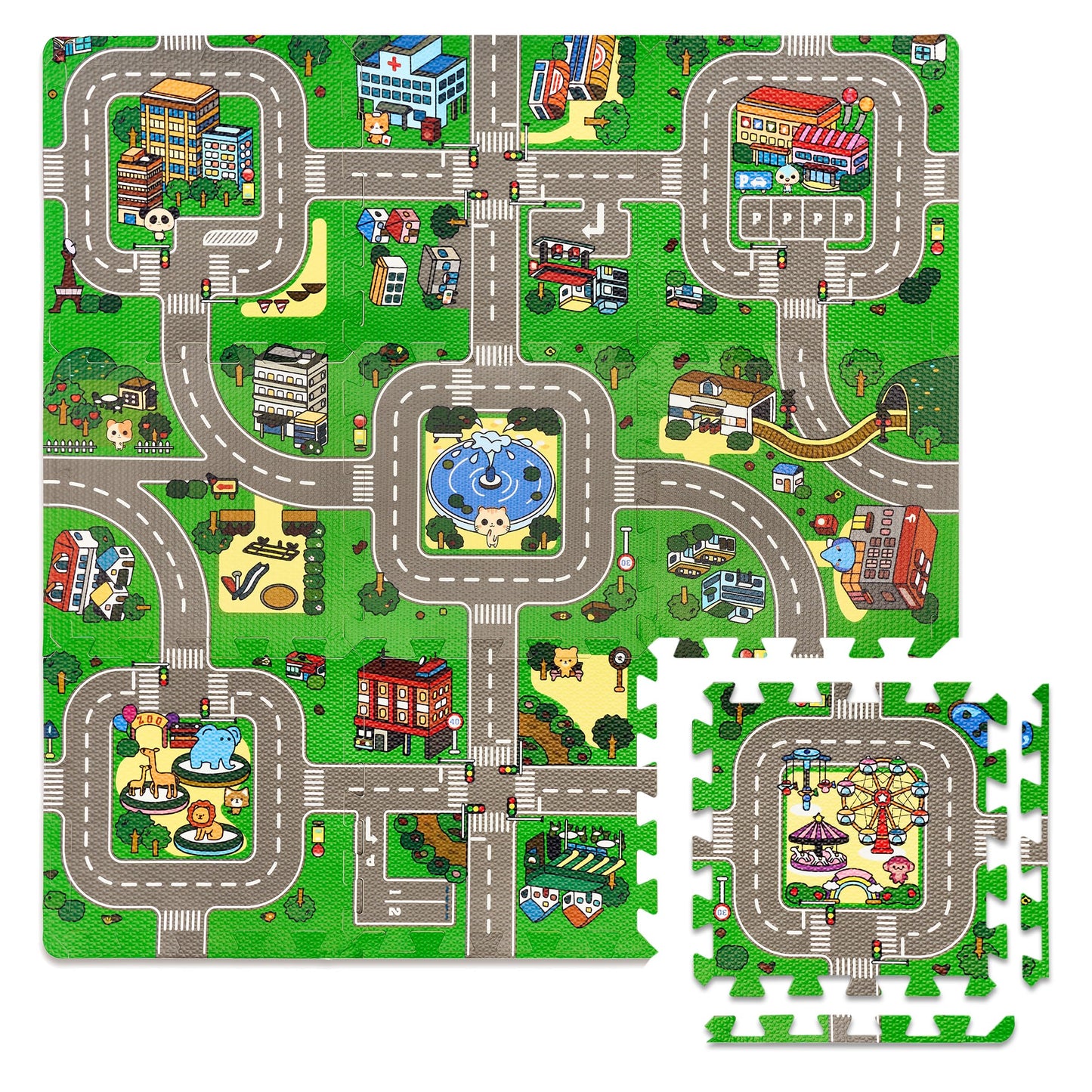 Sorbus Traffic Play Mat – Puzzle Foam Interlocking Tiles (9 Tiles with Borders)