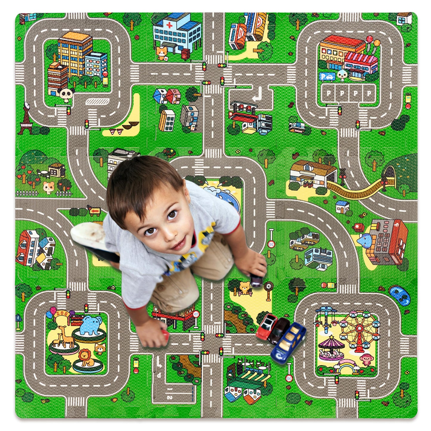 Sorbus Traffic Play Mat – Puzzle Foam Interlocking Tiles (9 Tiles with Borders)