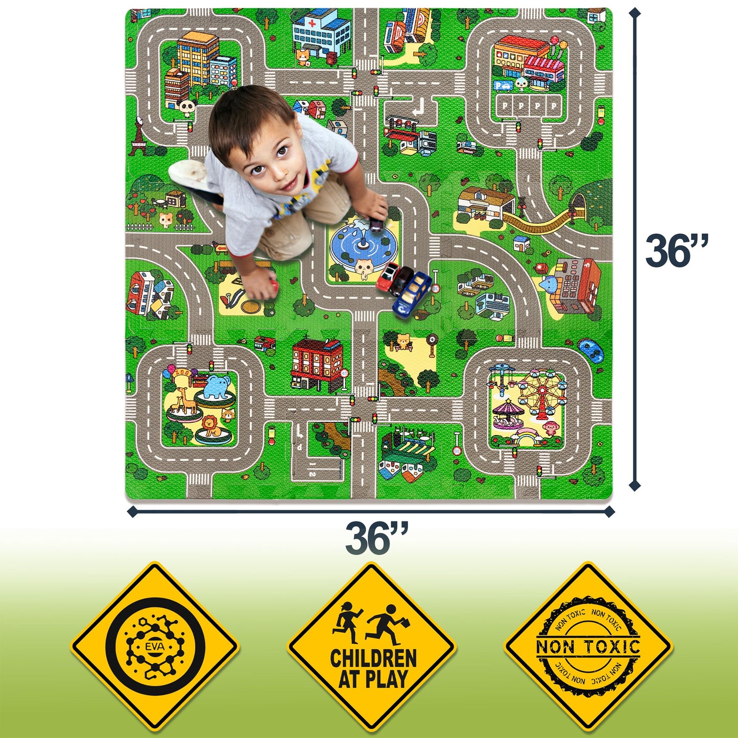 Sorbus Traffic Play Mat – Puzzle Foam Interlocking Tiles (9 Tiles with Borders)