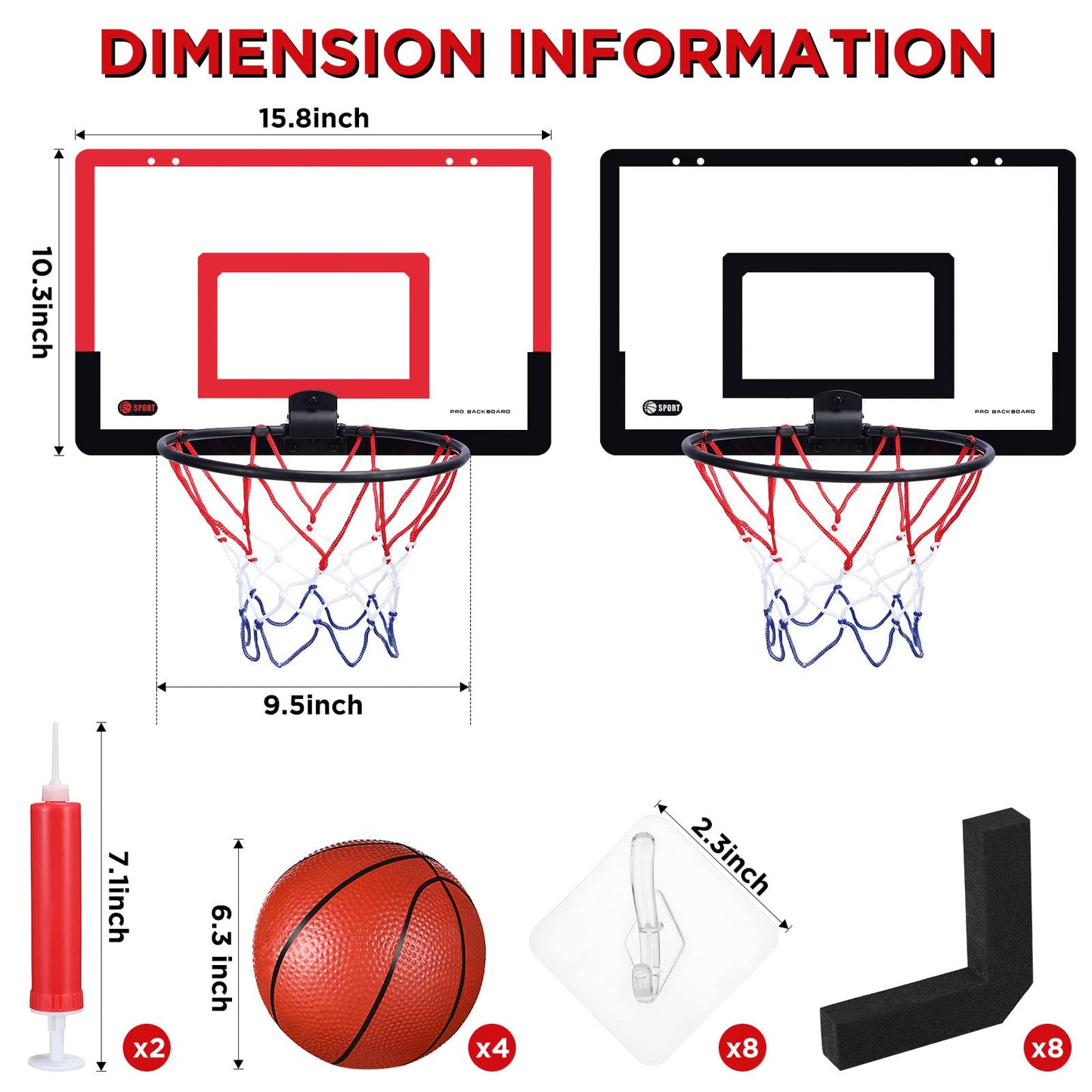 Sosation 2 Pcs Mini Basketball Hoop Set – 4 Balls, Sticky Hooks & Pump, Indoor No-Drill Fun