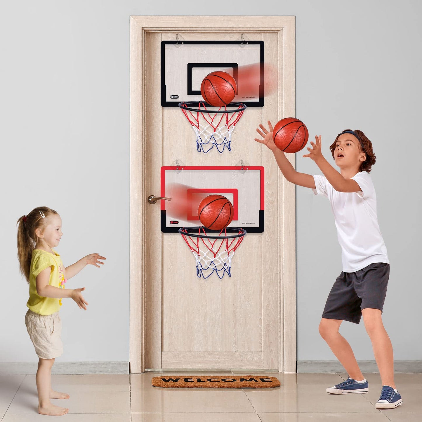 Sosation 2 Pcs Mini Basketball Hoop Set – 4 Balls, Sticky Hooks & Pump, Indoor No-Drill Fun