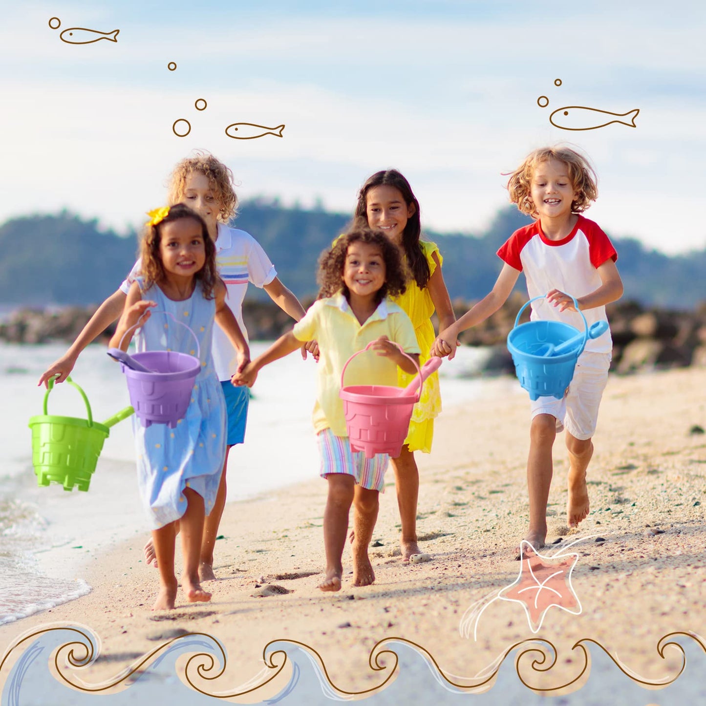 Sosation 60 Pcs Sand Buckets Set – 5.5-Inch Beach Buckets with Shovels, 5 Colors, Kids Beach Toys