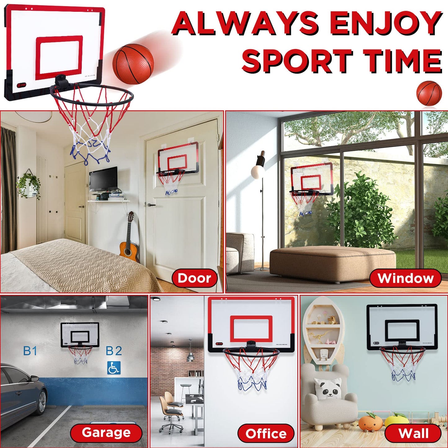 Sosation 2 Pcs Mini Basketball Hoop Set – 4 Balls, Sticky Hooks & Pump, Indoor No-Drill Fun