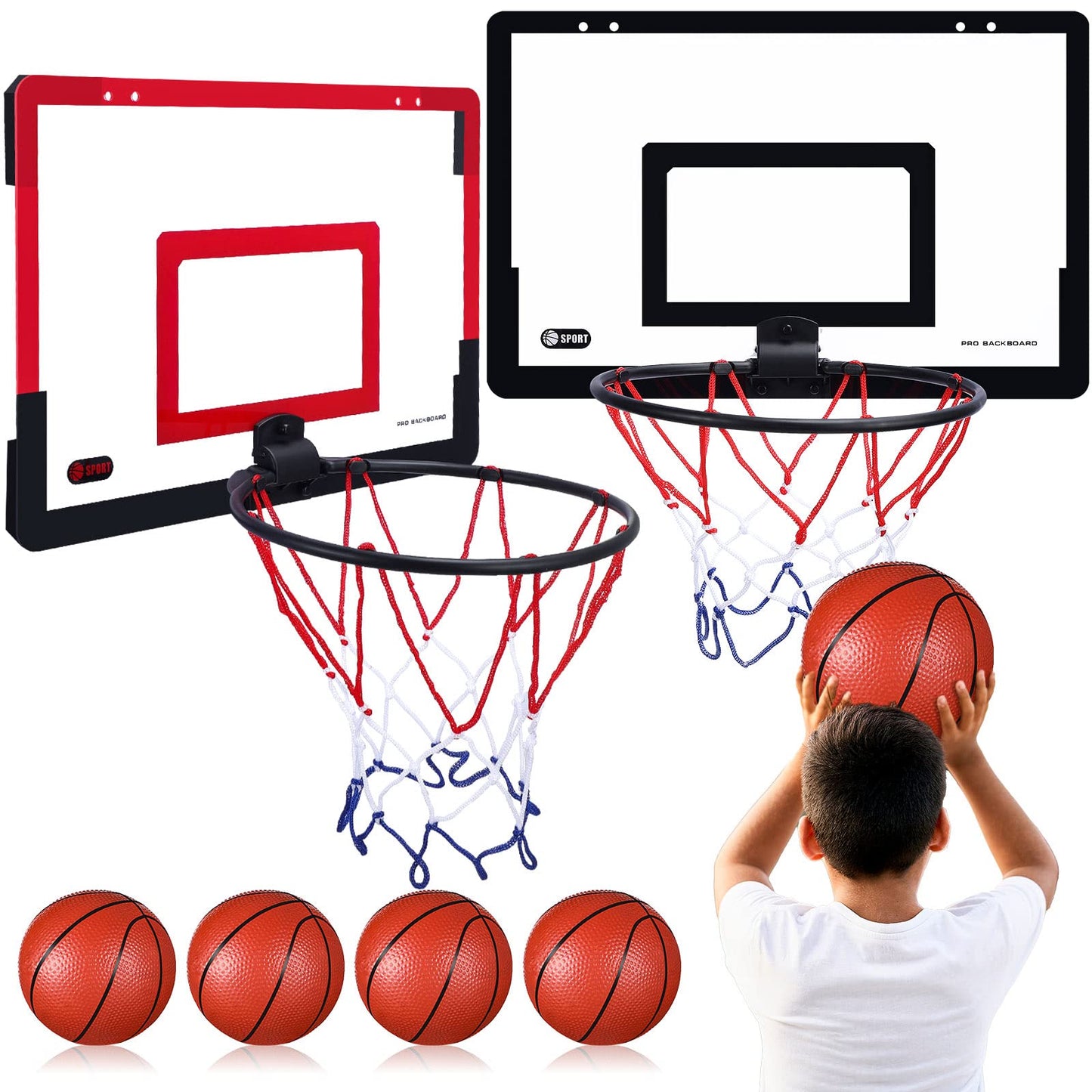 Sosation 2 Pcs Mini Basketball Hoop Set – 4 Balls, Sticky Hooks & Pump, Indoor No-Drill Fun