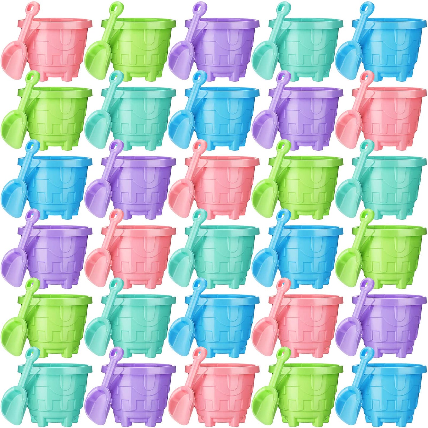 Sosation 60 Pcs Sand Buckets Set – 5.5-Inch Beach Buckets with Shovels, 5 Colors, Kids Beach Toys
