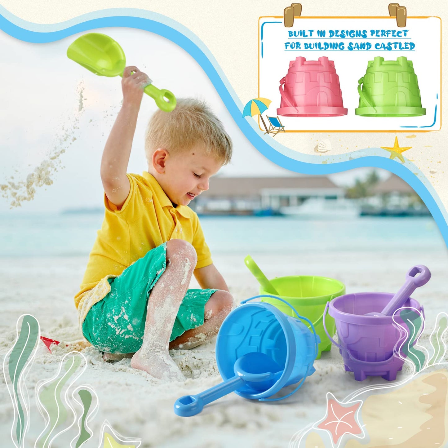Sosation 60 Pcs Sand Buckets Set – 5.5-Inch Beach Buckets with Shovels, 5 Colors, Kids Beach Toys