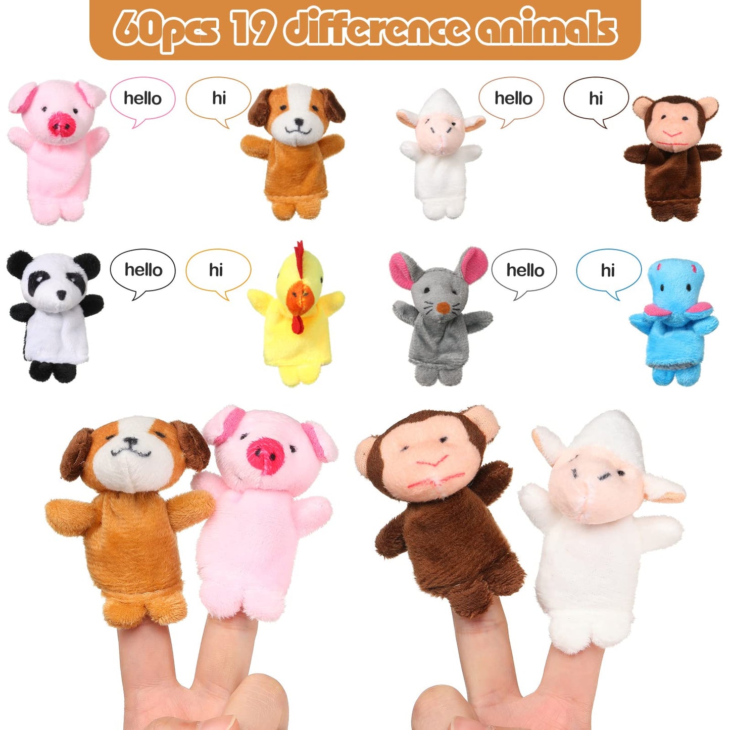 Sosation 60 Pcs Finger Puppets Set – 19 Animal Plush Puppets for Storytelling & Learning