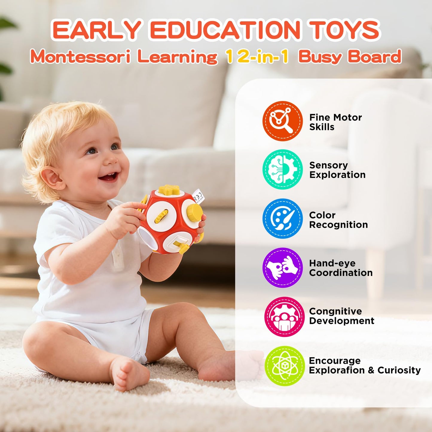 SOSUSHOE Montessori Activity Cube & Busy Board – 12-in-1 Travel Toy for 1 Year Old (Car Seat, Stroller, Airplane)