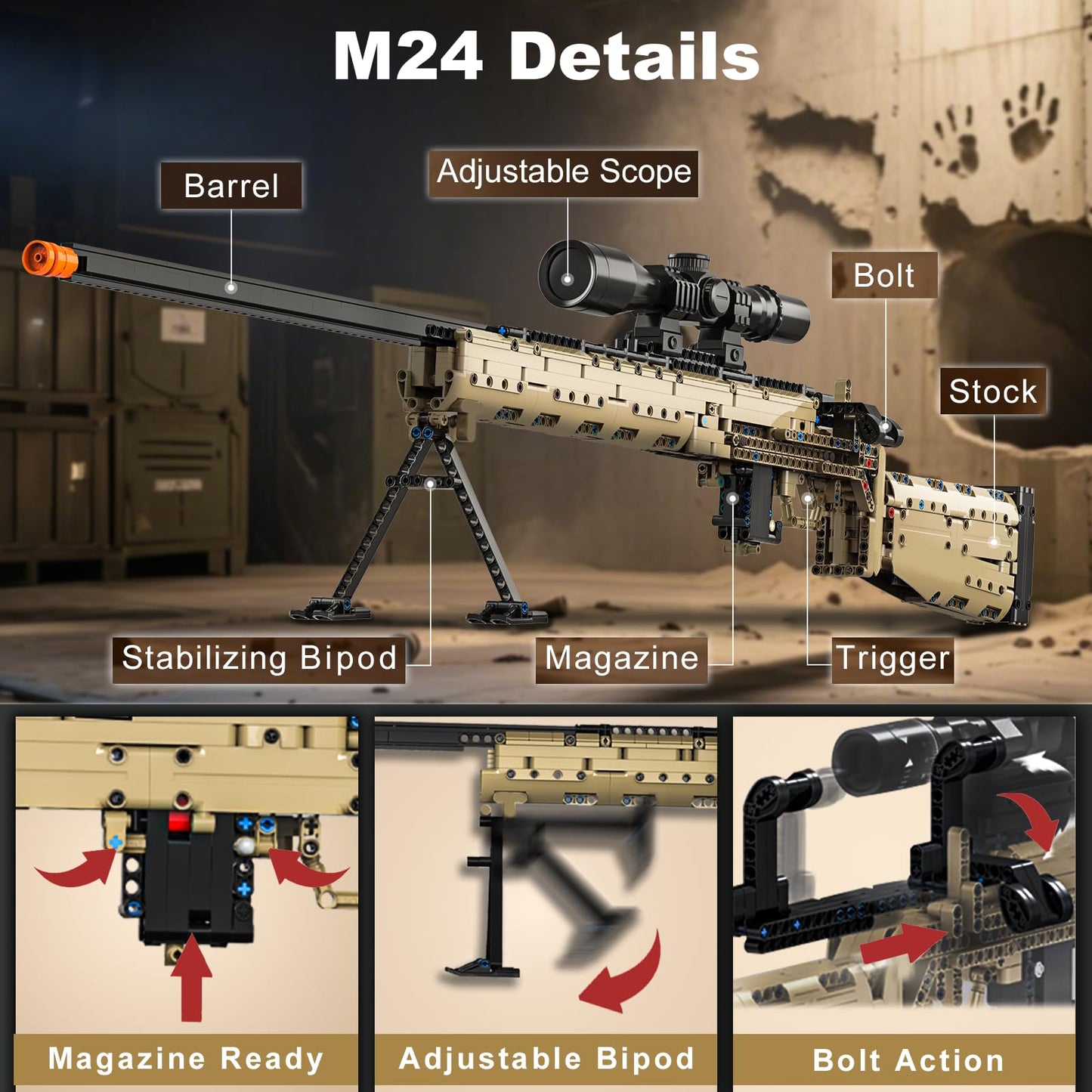 Sosuy M24 1:1 Build Block Gun Set – 1380+ Pieces, Shootable Sniper Model