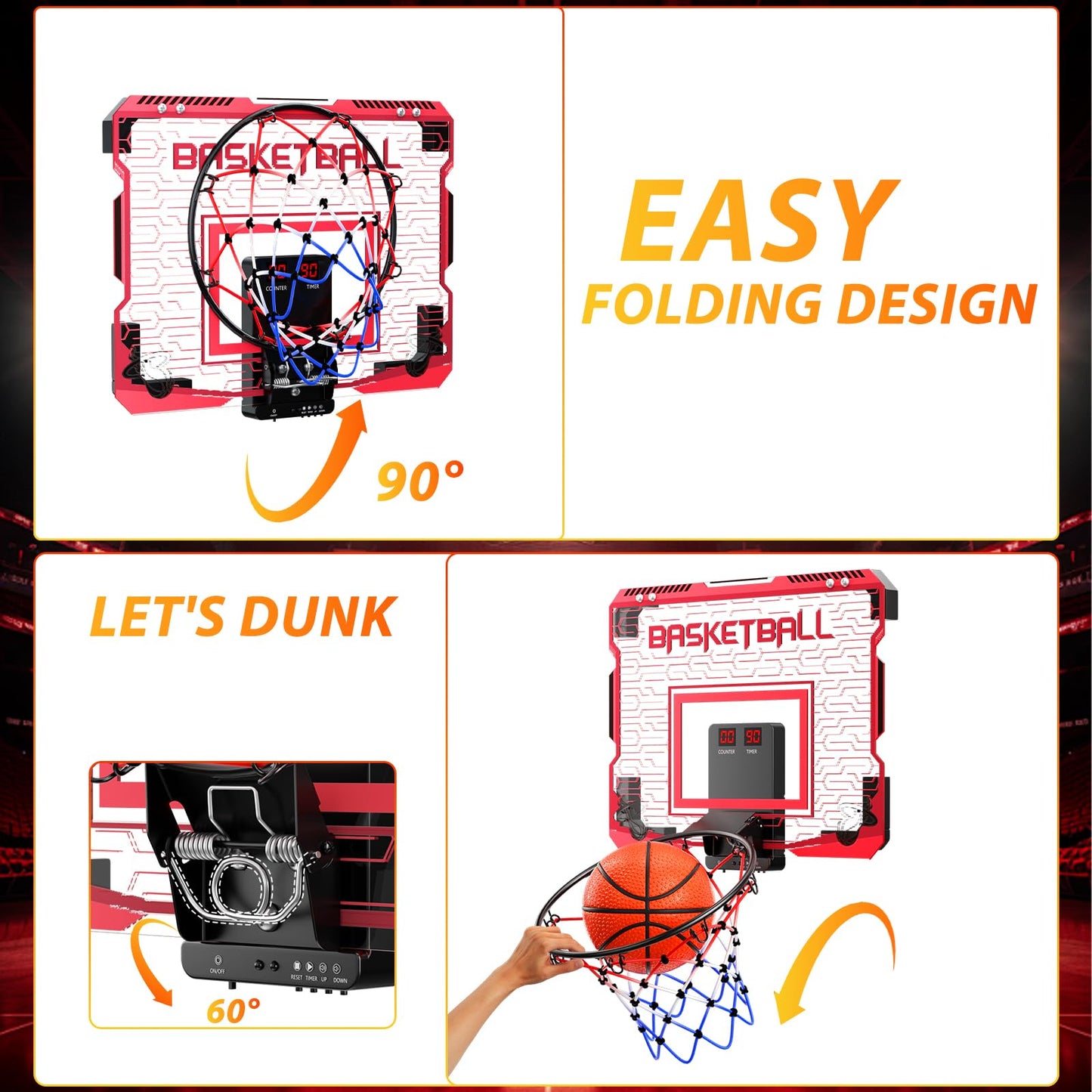 SOTAONE Indoor Mini Basketball Hoop for Kids – Over‑The‑Door Mount with LED Lights, Scoreboard & 3 Balls
