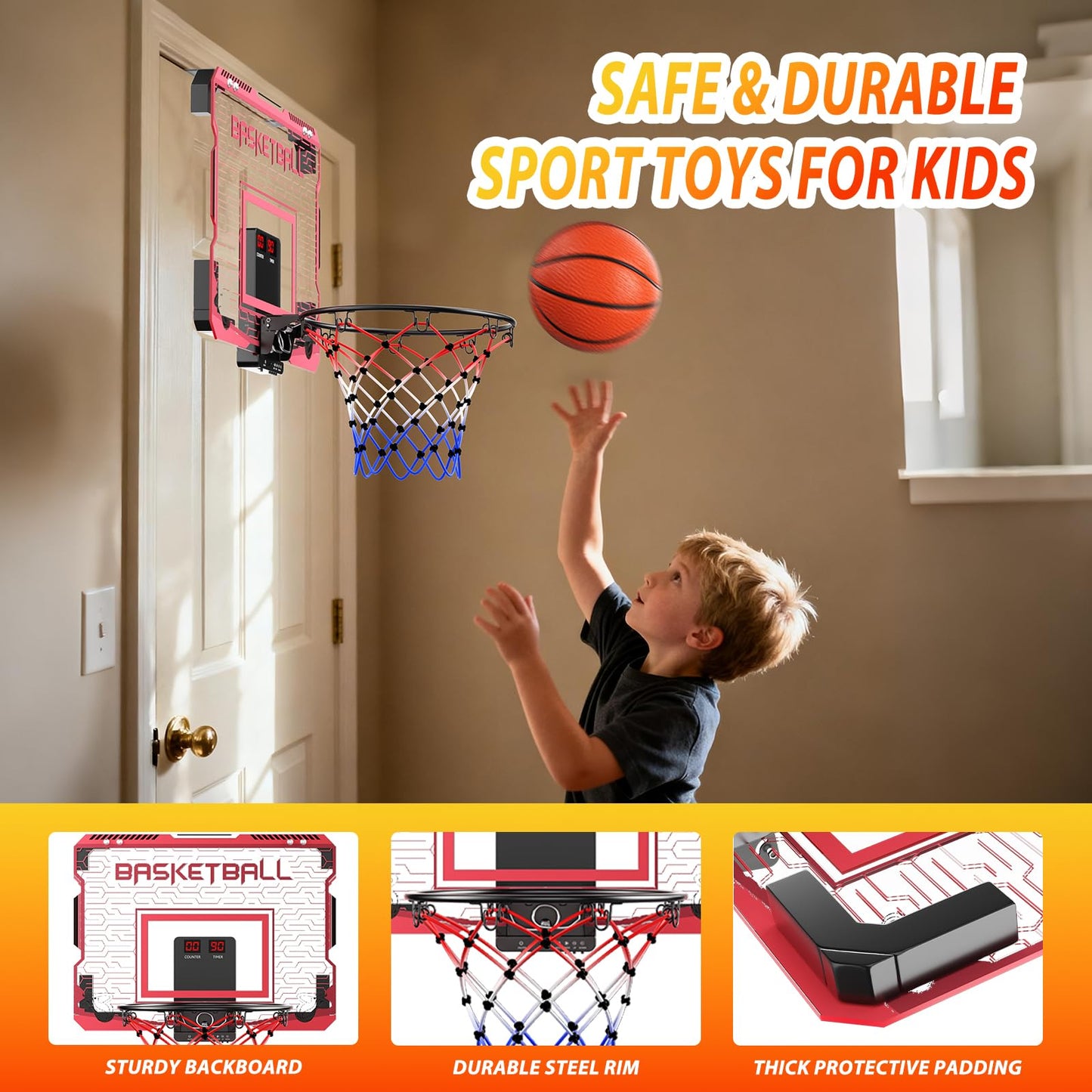 SOTAONE Indoor Mini Basketball Hoop for Kids – Over‑The‑Door Mount with LED Lights, Scoreboard & 3 Balls