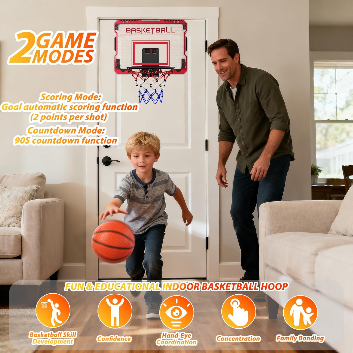 SOTAONE Indoor Mini Basketball Hoop for Kids – Over‑The‑Door Mount with LED Lights, Scoreboard & 3 Balls