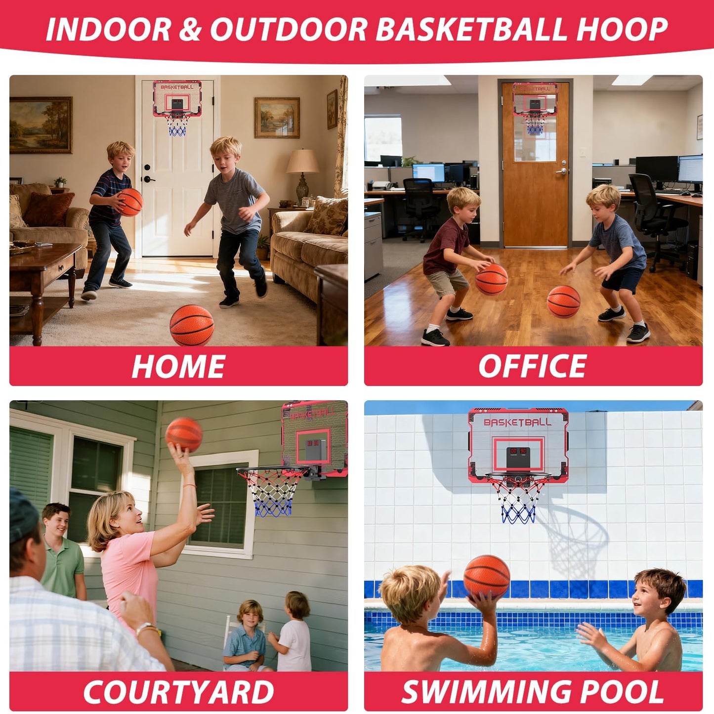SOTAONE Indoor Mini Basketball Hoop for Kids – Over‑The‑Door Mount with LED Lights, Scoreboard & 3 Balls