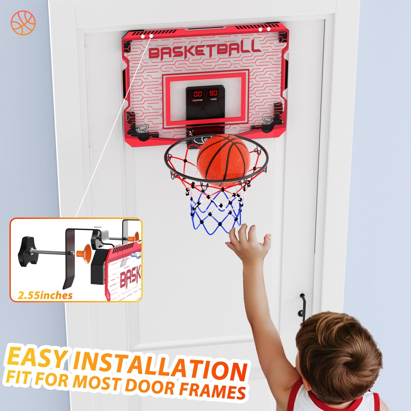 SOTAONE Indoor Mini Basketball Hoop for Kids – Over‑The‑Door Mount with LED Lights, Scoreboard & 3 Balls