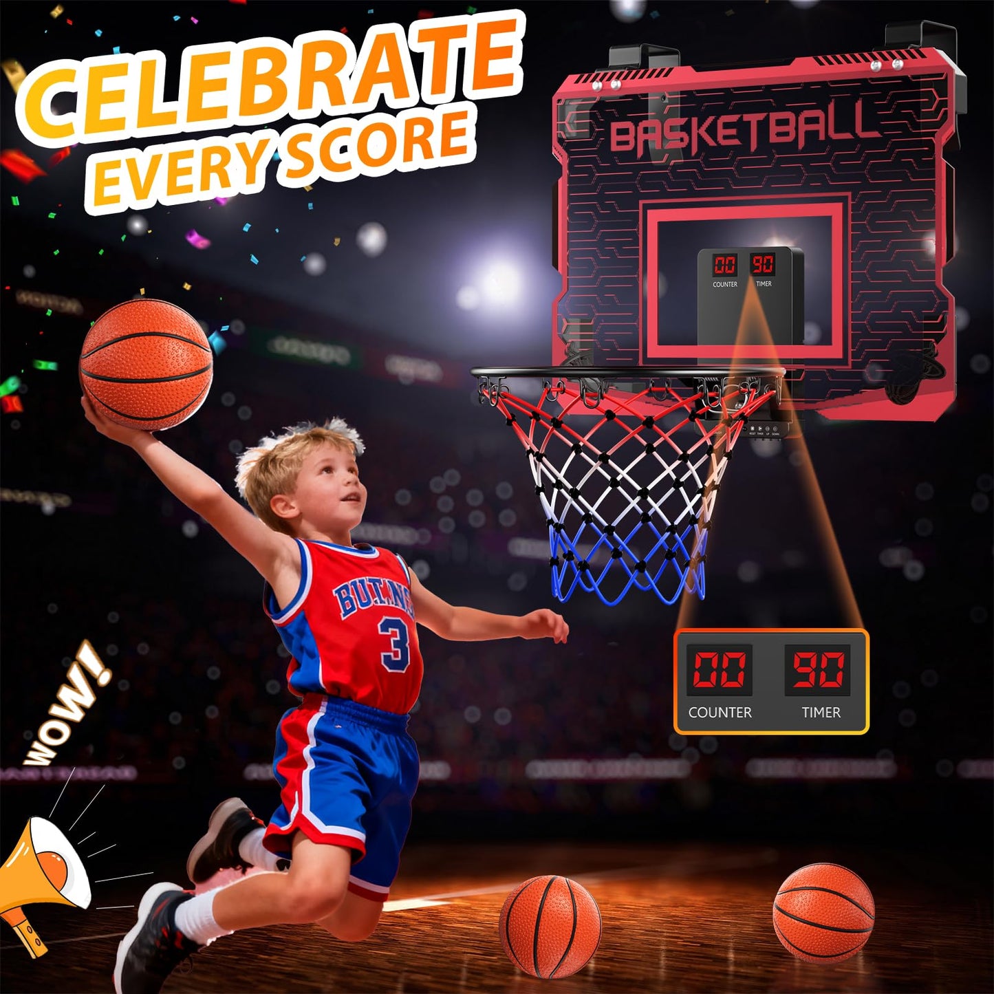 SOTAONE Indoor Mini Basketball Hoop for Kids – Over‑The‑Door Mount with LED Lights, Scoreboard & 3 Balls