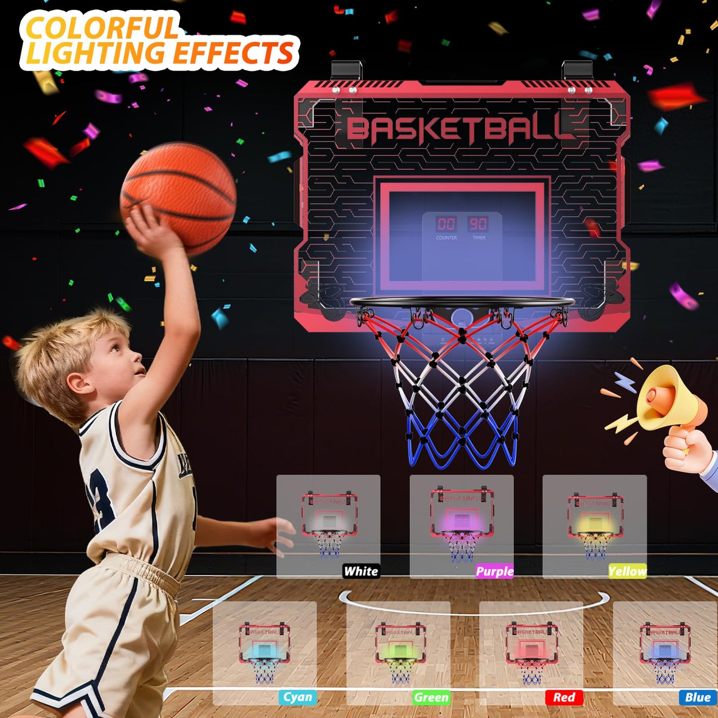 SOTAONE Indoor Mini Basketball Hoop for Kids – Over‑The‑Door Mount with LED Lights, Scoreboard & 3 Balls