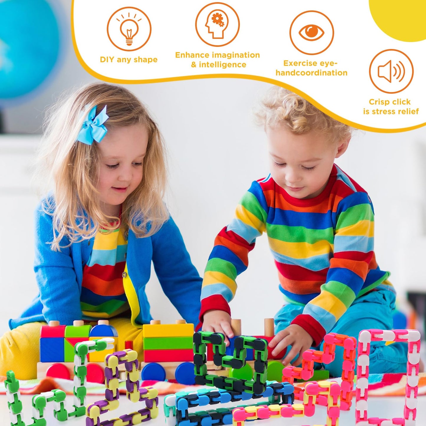 Sotiff 60-Pack Wacky Track Fidget Toy | 24-Link Colorful Snap Fidget Links