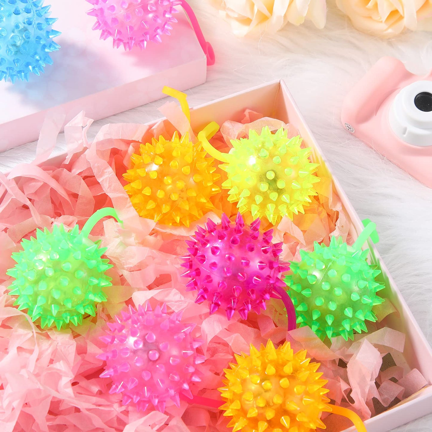 Sotiff 300 Pcs Light Up LED Spiked Bouncy Balls – Multicolor Party Favors