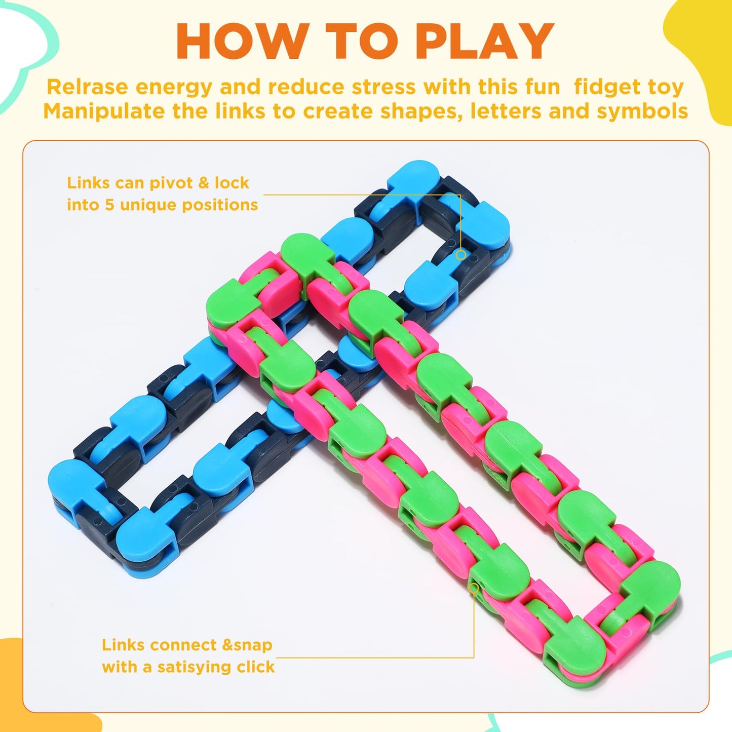 Sotiff 60-Pack Wacky Track Fidget Toy | 24-Link Colorful Snap Fidget Links