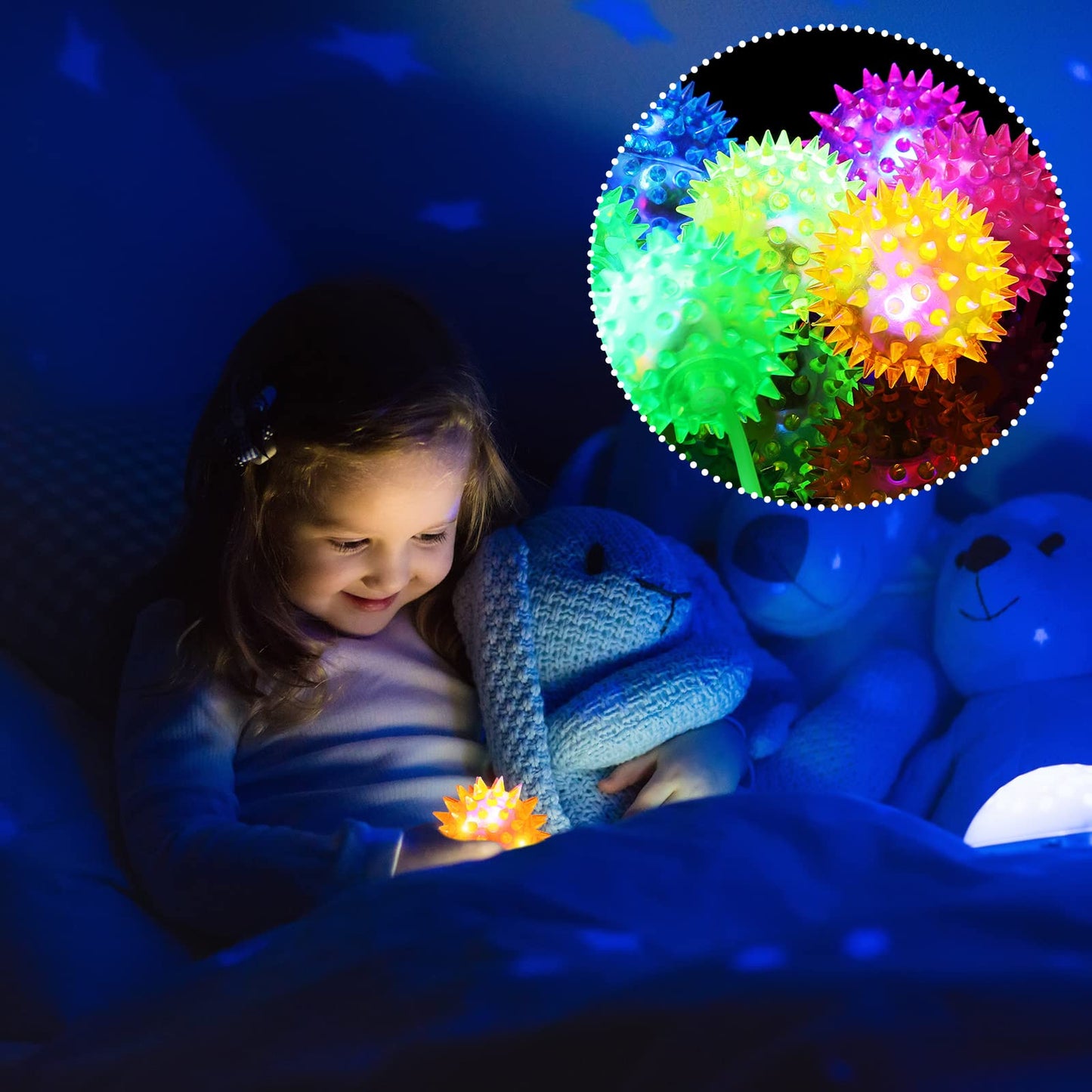 Sotiff 100 Pcs Light Up Spiky LED Bouncy Balls – Multicolor Rubber Sensory Toy