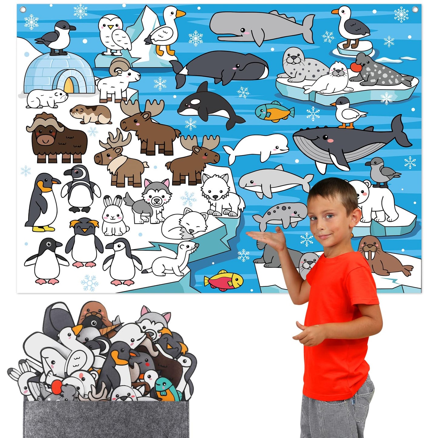Sotiff 46 Pcs Polar Animals Felt Board Set – 41x30 Inch Arctic Story Kit with 38 Figures
