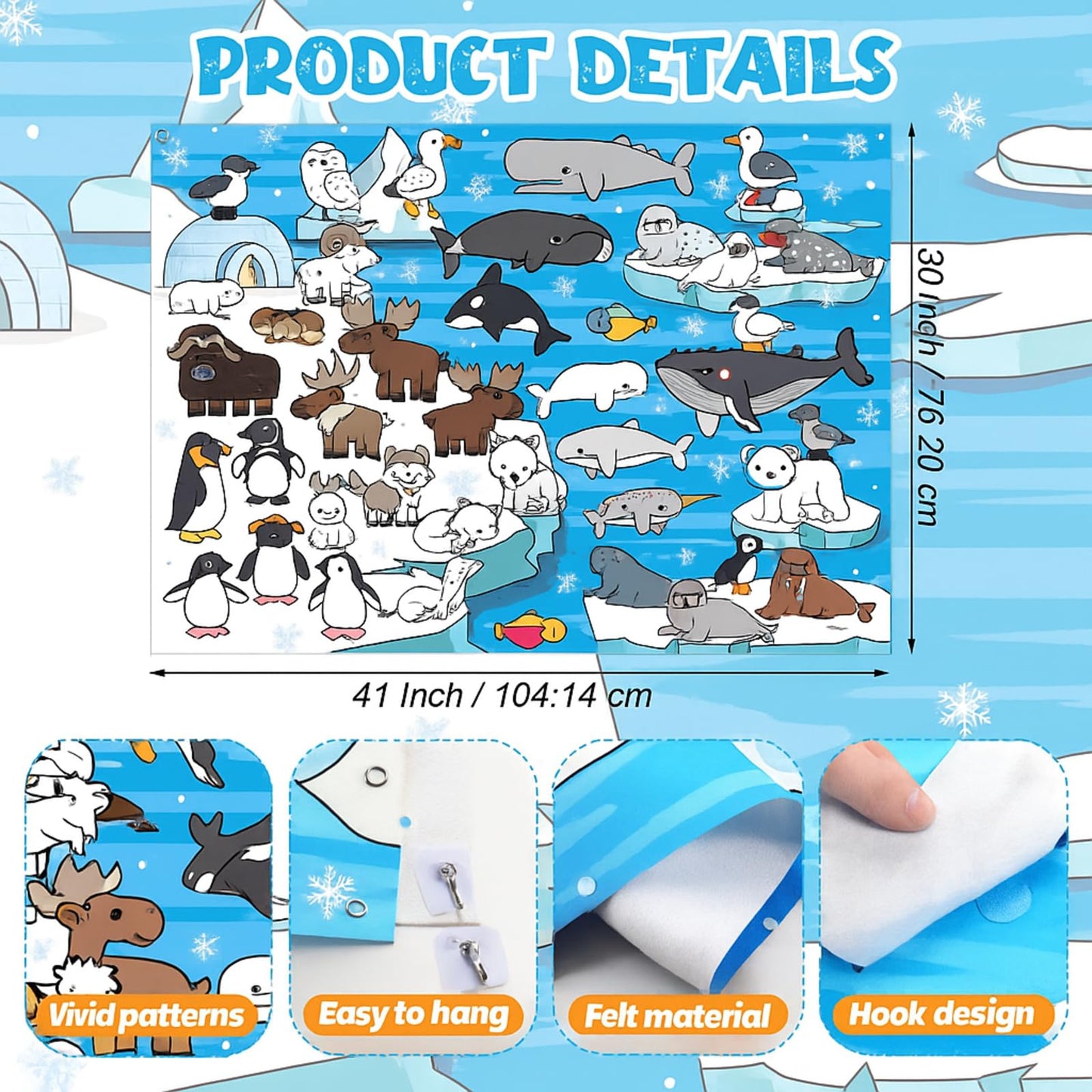 Sotiff 46 Pcs Polar Animals Felt Board Set – 41x30 Inch Arctic Story Kit with 38 Figures