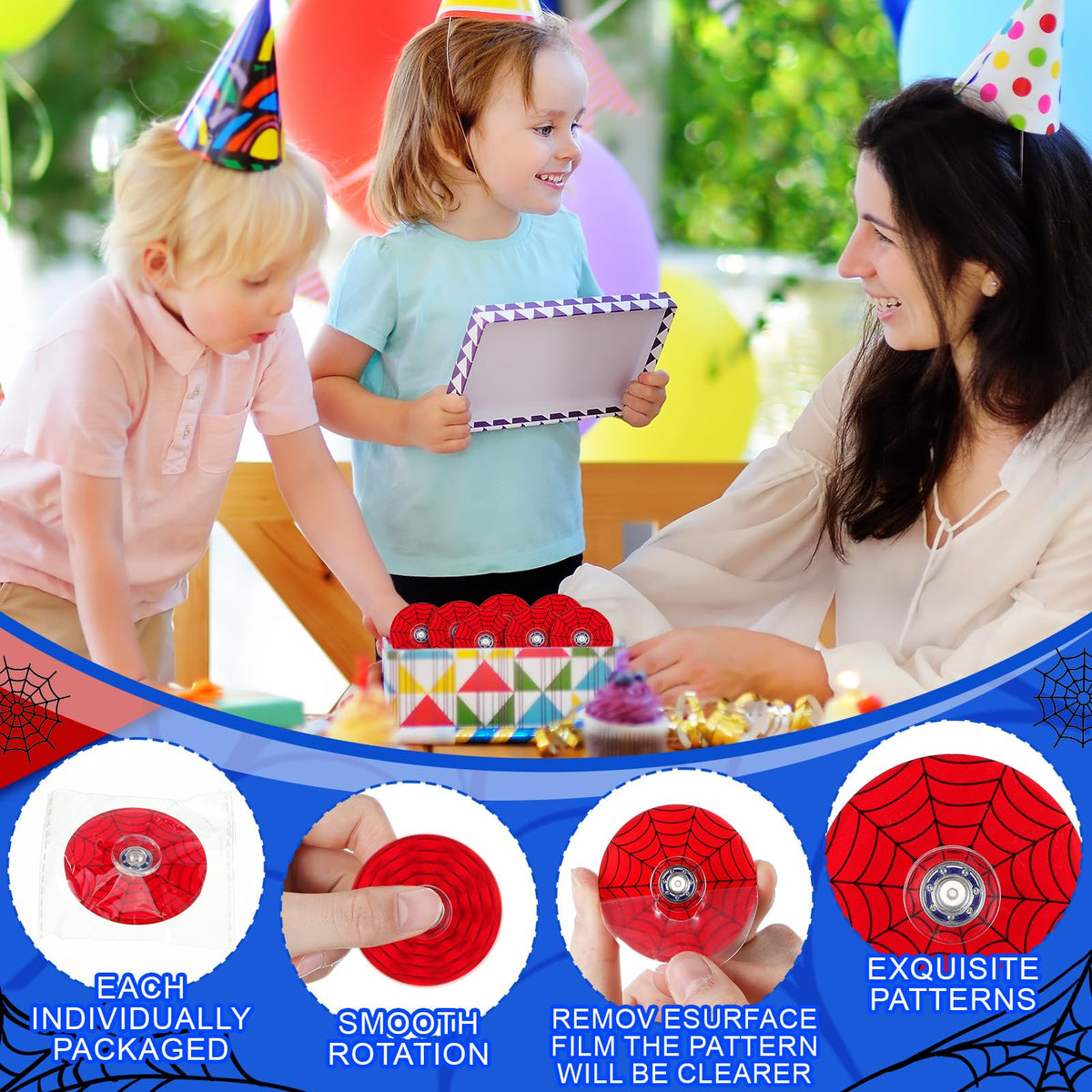 Sotiff 24 Pcs Spider Web Fidget Spinners Bulk – Mini Toys for Kids, Party Favors