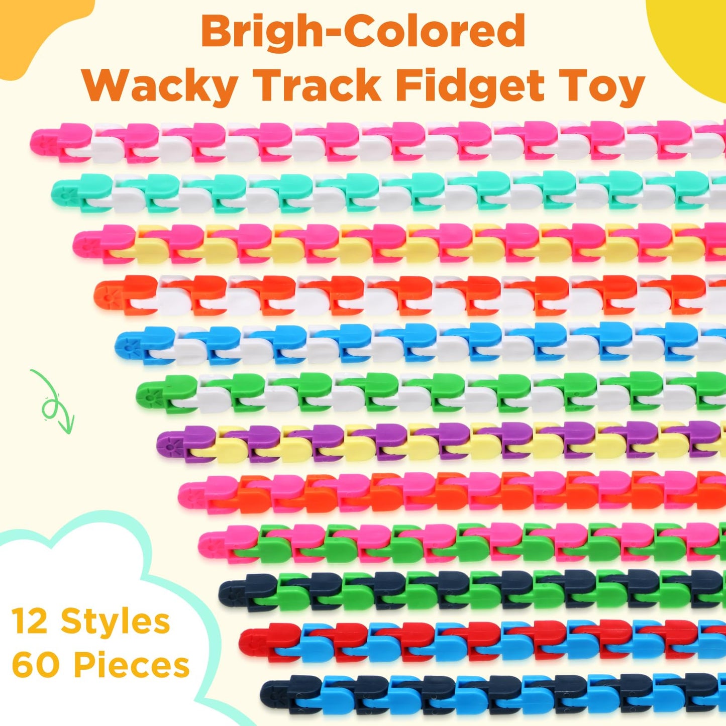 Sotiff 60-Pack Wacky Track Fidget Toy | 24-Link Colorful Snap Fidget Links