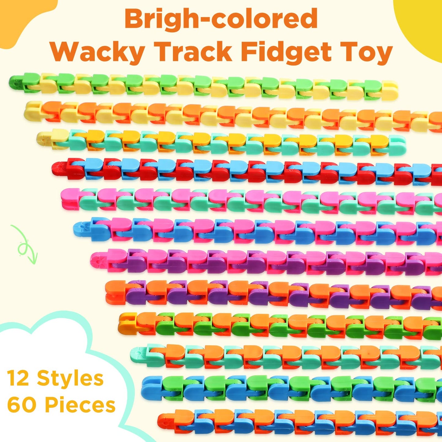 Sotiff 60-Pack Wacky Track Fidget Toy — Colorful Snap Links for Kids & Adults