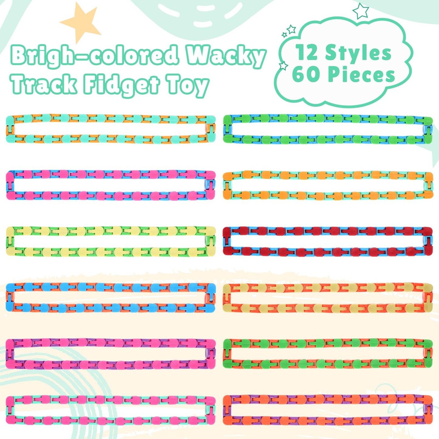Sotiff 60 Packs Wacky Track Fidget Toy – Colorful Snap-Together Snake Links for Focus, Fun & Classroom Prizes