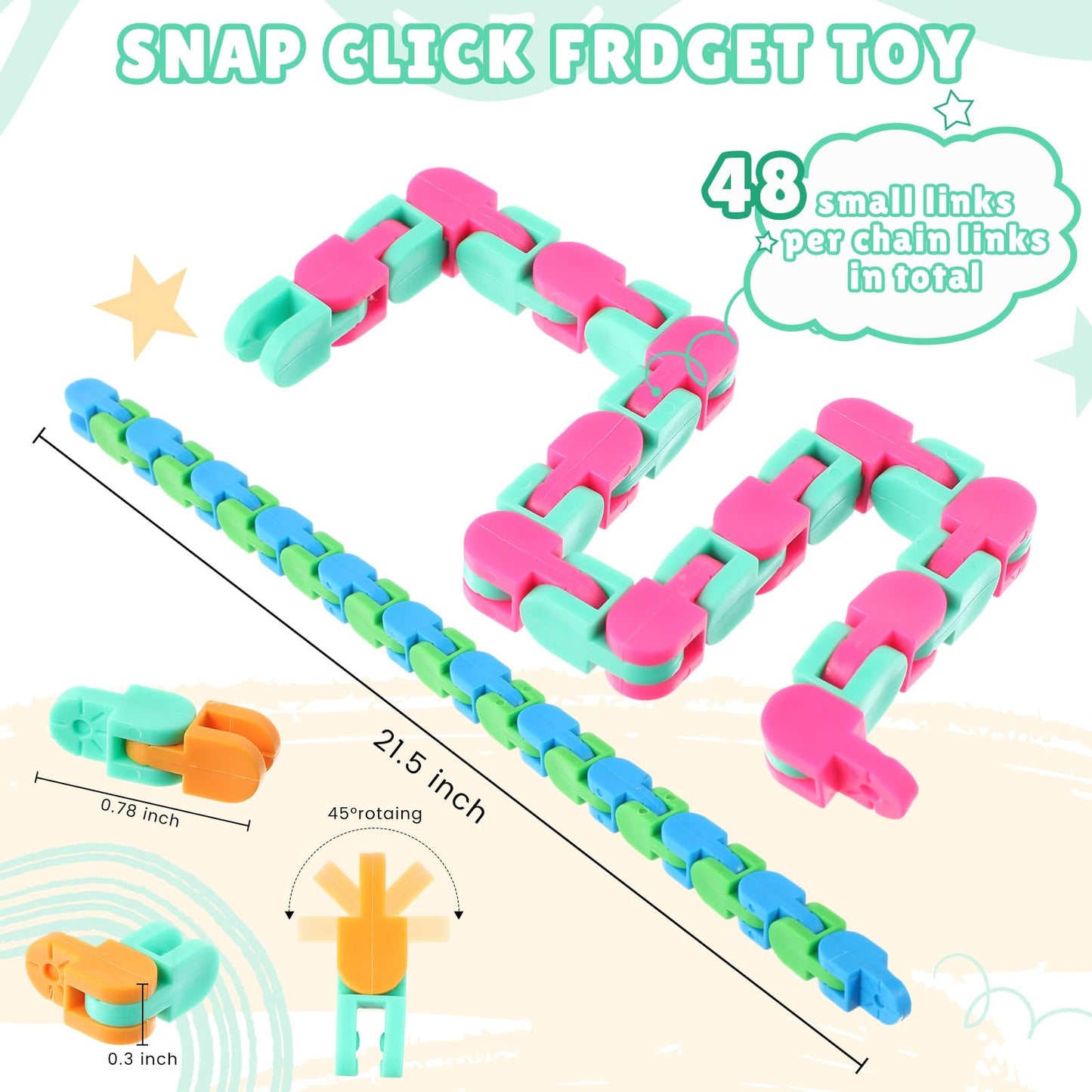 Sotiff 60 Packs Wacky Track Fidget Toy – Colorful Snap-Together Snake Links for Focus, Fun & Classroom Prizes