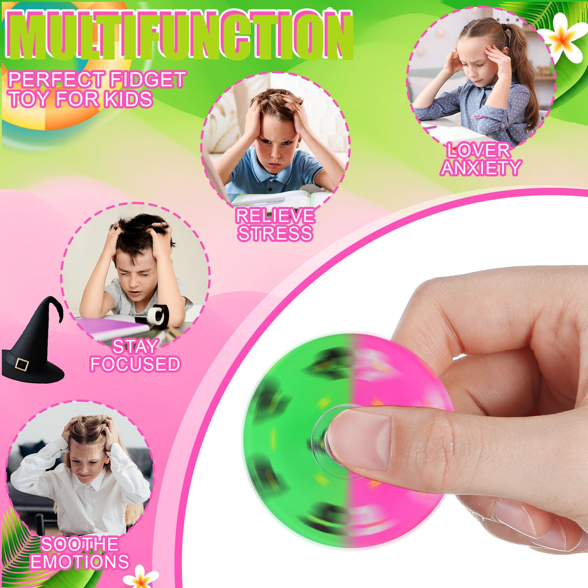 Sotiff 24 Pcs Witch Fidget Spinners Bulk – Pink & Green Party Favors