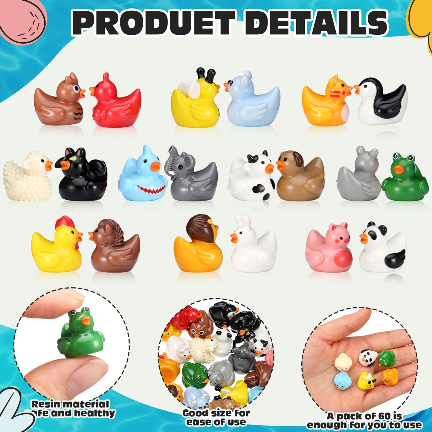 Soulchen 100 Pcs Mini Resin Animals Ducks – 20 Styles Tiny Figures for Decor, Crafts & Gifts