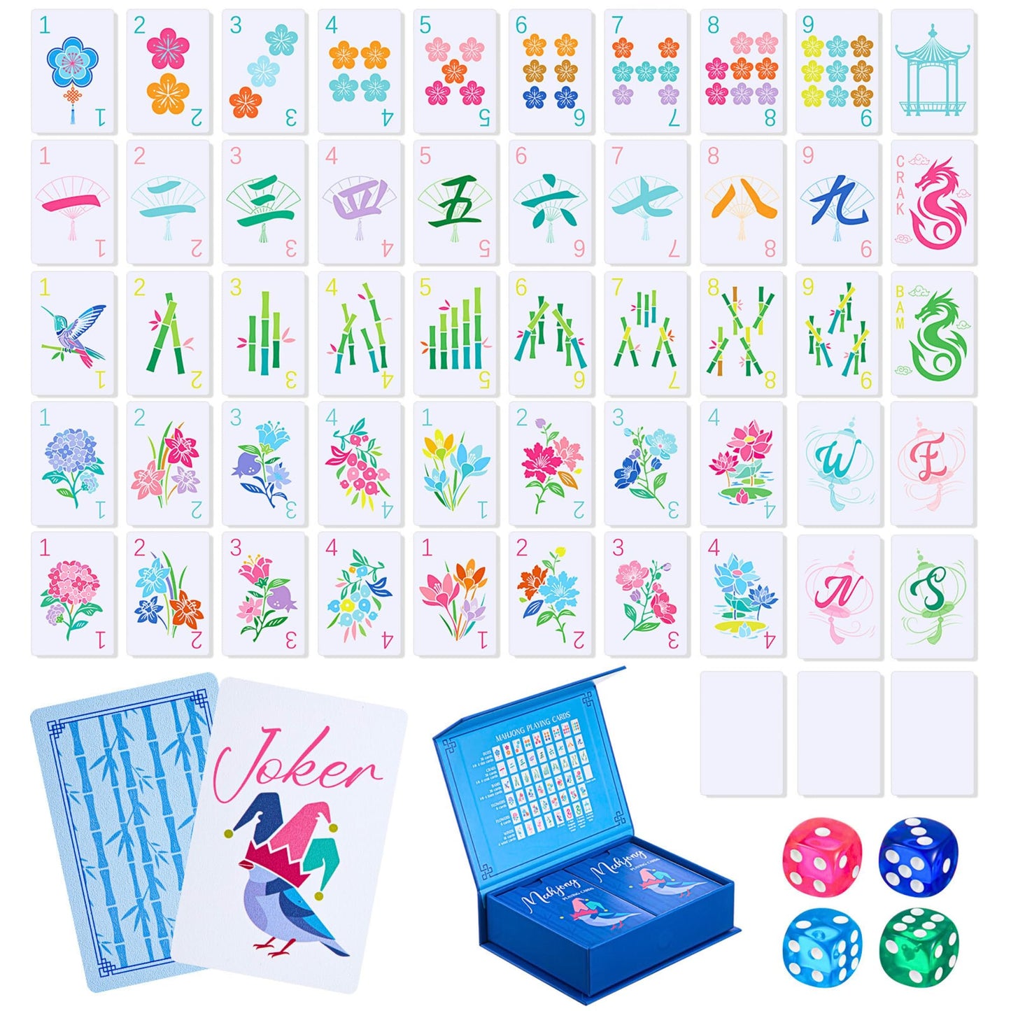 Soulchen 168 Pcs Mahjong Playing Cards – American Style Blossom Large Print PVC Tiles, 4 Dice, 2 Storage Boxes