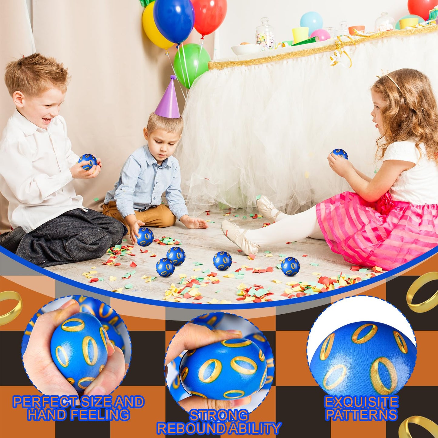 Soulchen 24 Blue & Gold Ring Stress Balls – Fidget Toys, Squeeze for Stress Relief, Party Favors