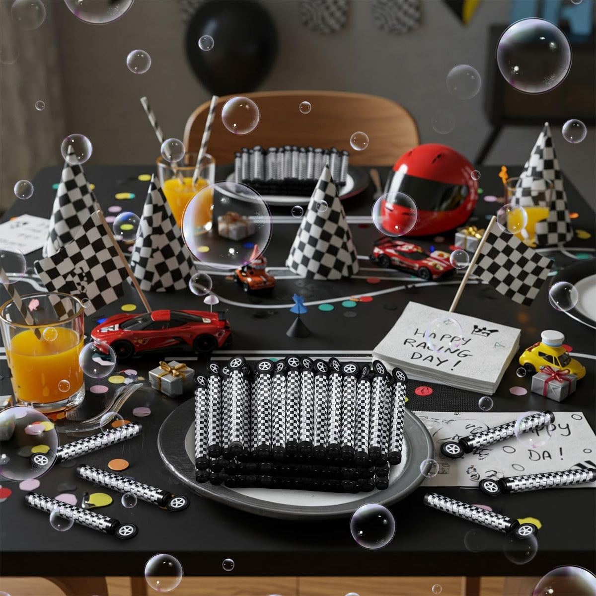 Soulchen 24 Pcs Race Car Bubble Wands Black & White Checkered Party Favors