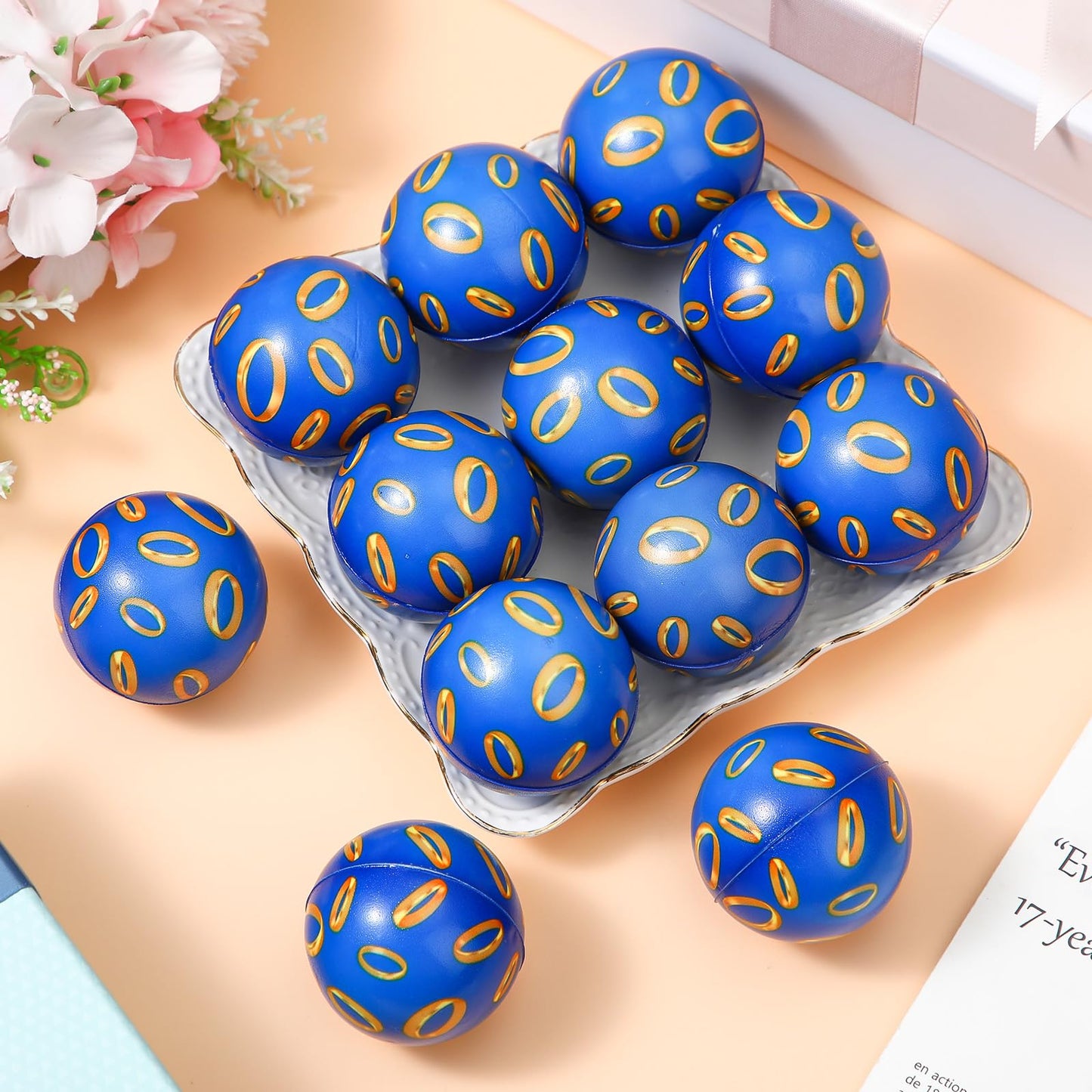 Soulchen 12-Pcs Blue & Golden Rings Stress Balls – Sensory Fidget Toys for Kids Party Favors