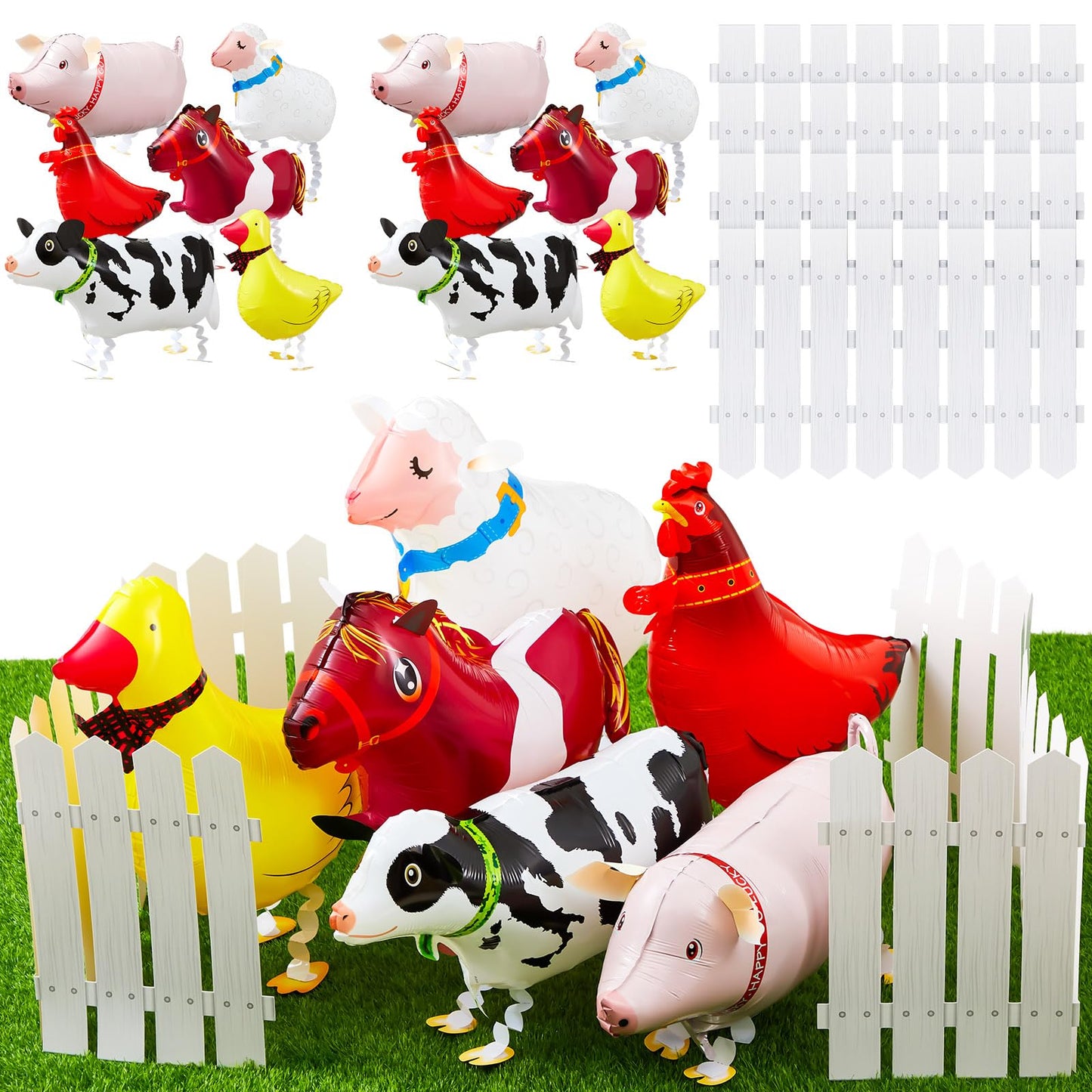Soulchen 16 Pcs Farm Animal Party Favors – 12 Walking Balloons + 4 Picket Fence Cutouts