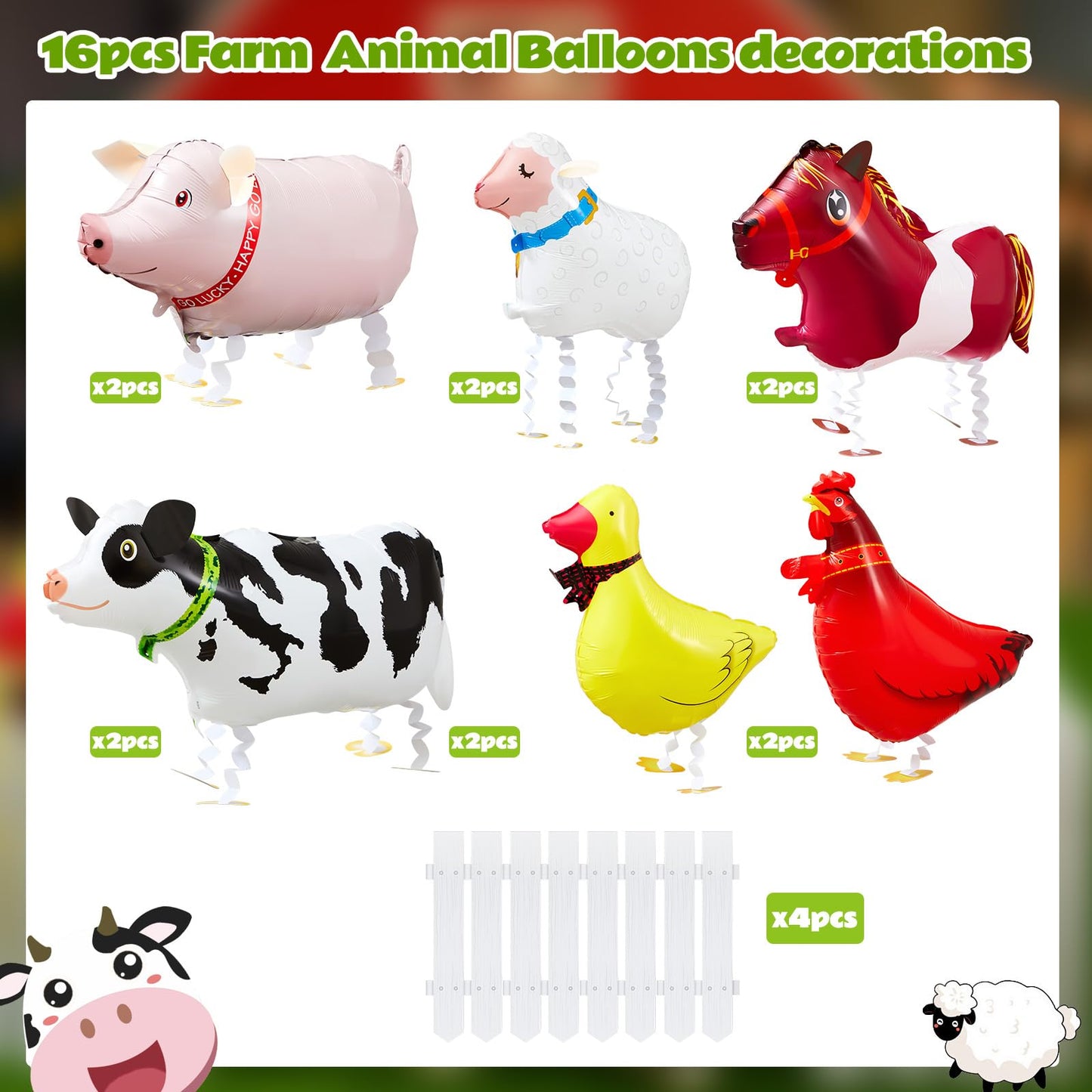 Soulchen 16 Pcs Farm Animal Party Favors – 12 Walking Balloons + 4 Picket Fence Cutouts